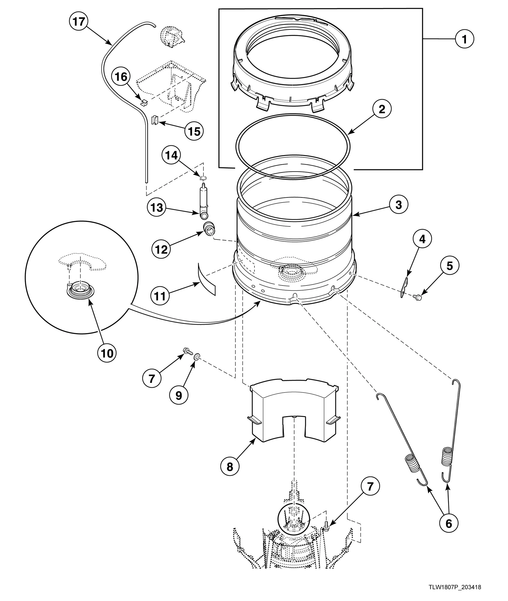 Outer Tub, Cover, Bearing and Seal Housing, Pressure Hose and Counterweight