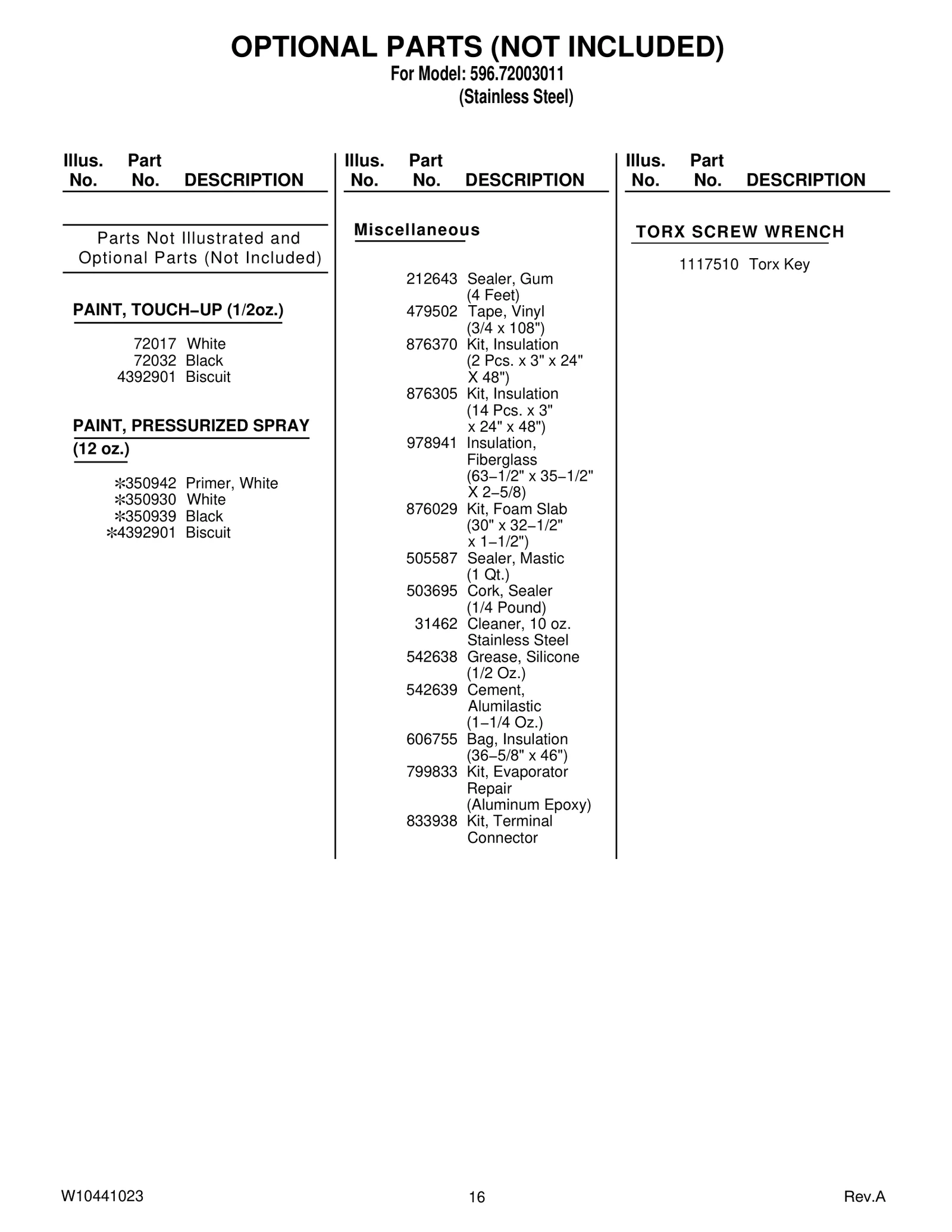 OPTIONAL PARTS (NOT INCLUDED)