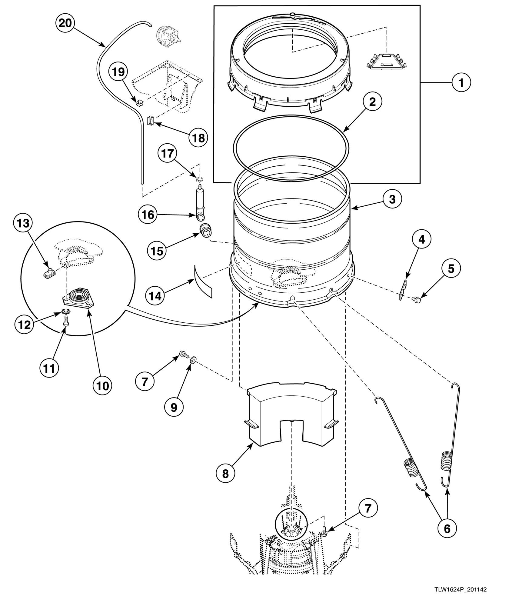 Outer Tub, Cover, Bearing Housing, Pressure Hose and Counterweight