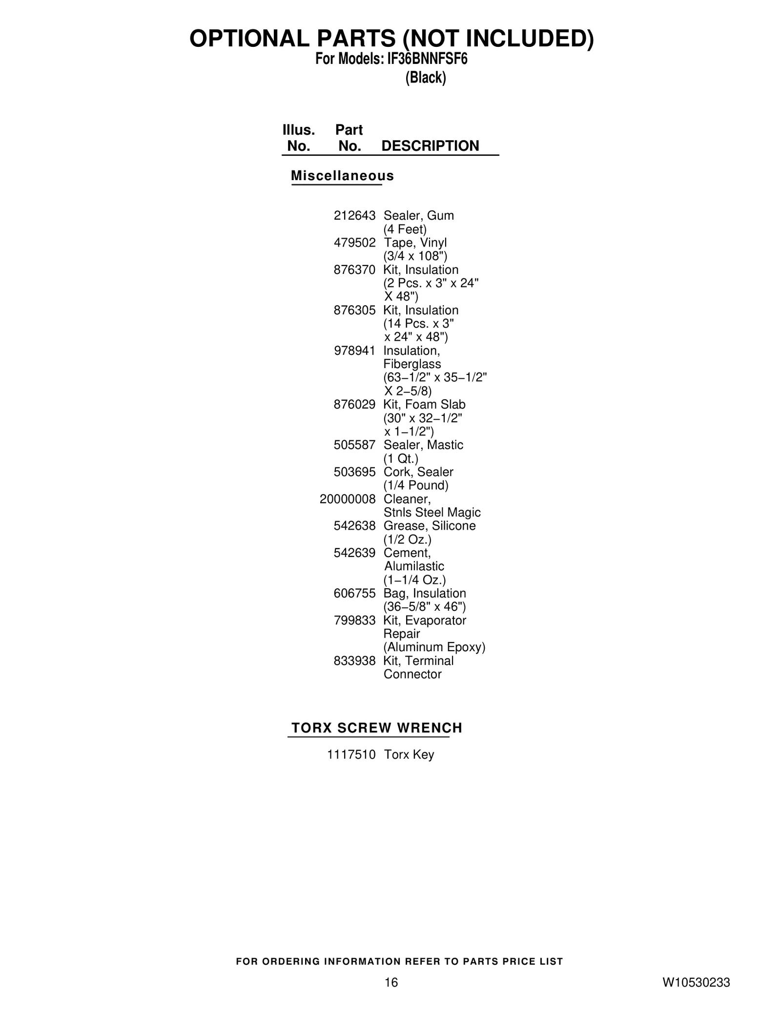 OPTIONAL PARTS (NOT INCLUDED)