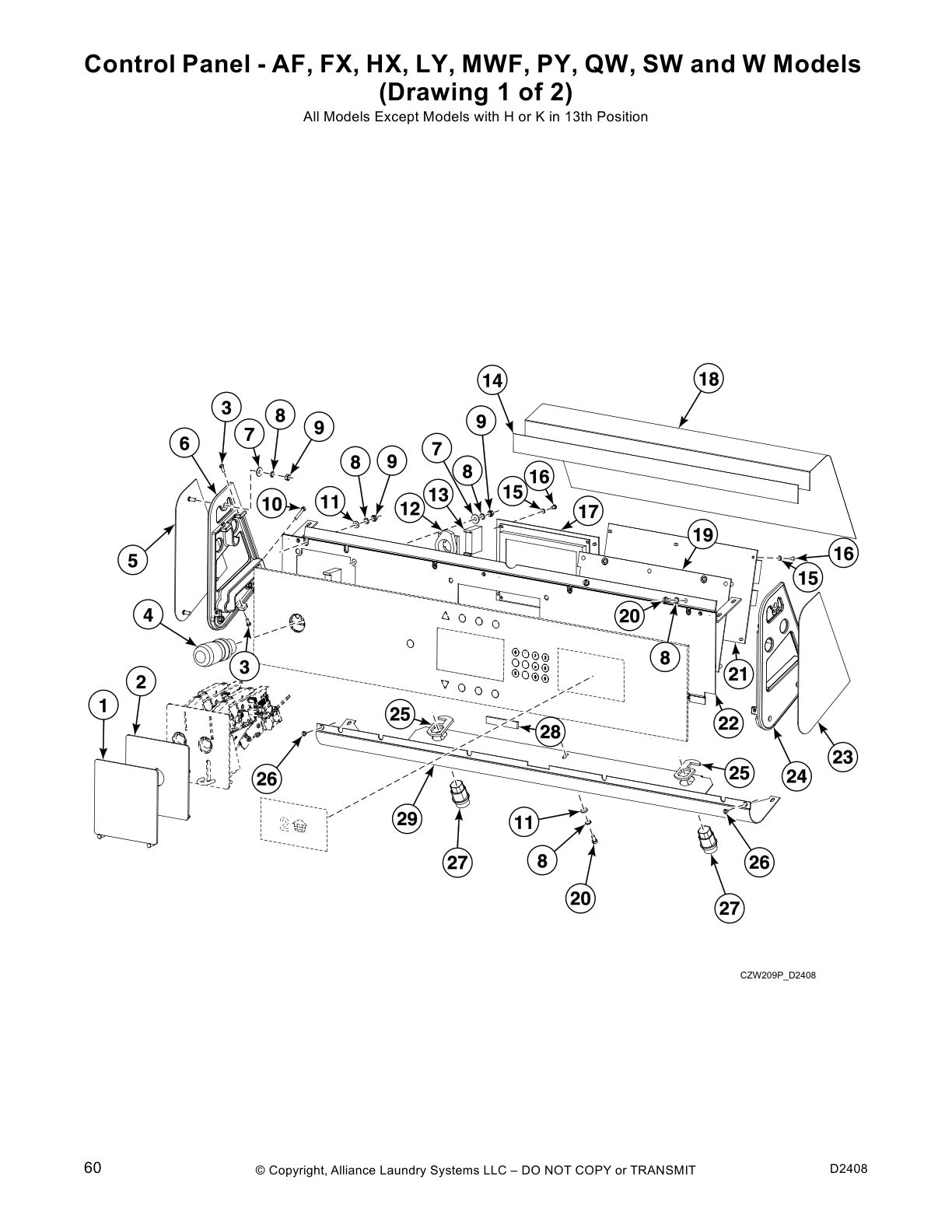 Control Panel - AF, FX, HX, LY, MWF, PY, QW, SW and W Models
(Drawing 1 of 2)