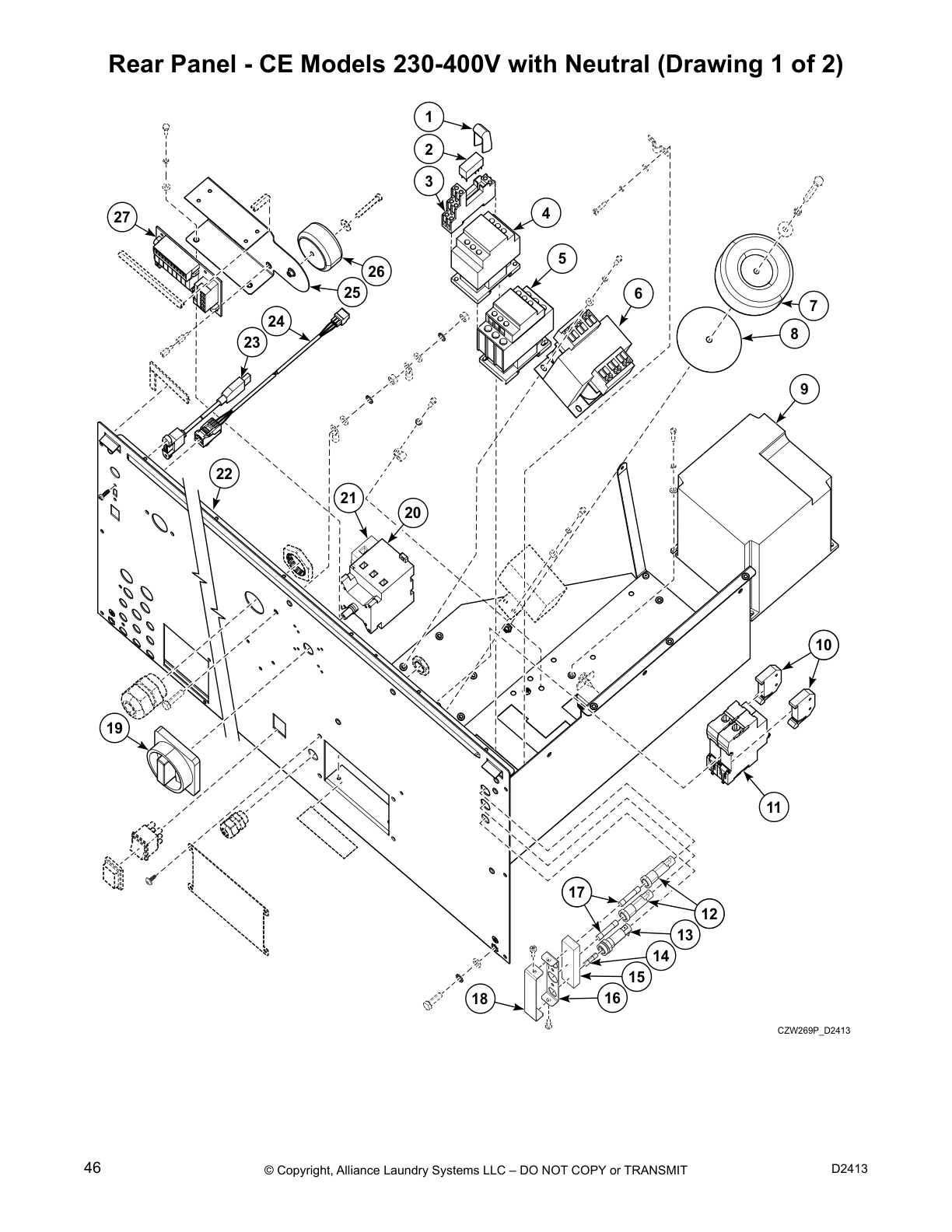 Rear Panel - CE Models 230-400V with Neutral (Drawing 1 of 2)