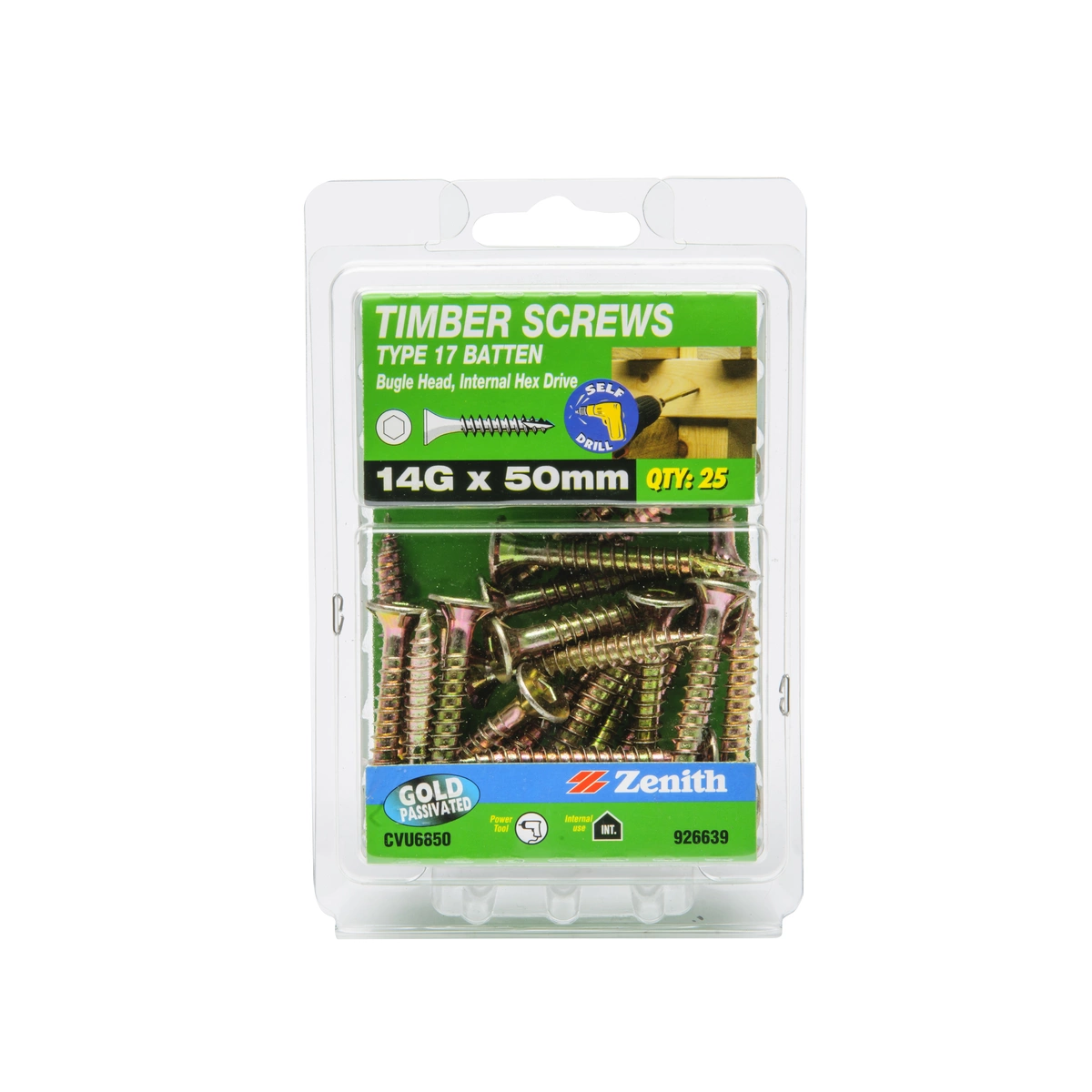 ZENITH® 14G x 50mm Gold Passivated, Self Drilling, Internal Hex Drive, Bugle Batten Screws – Internal Use – 25 Pack