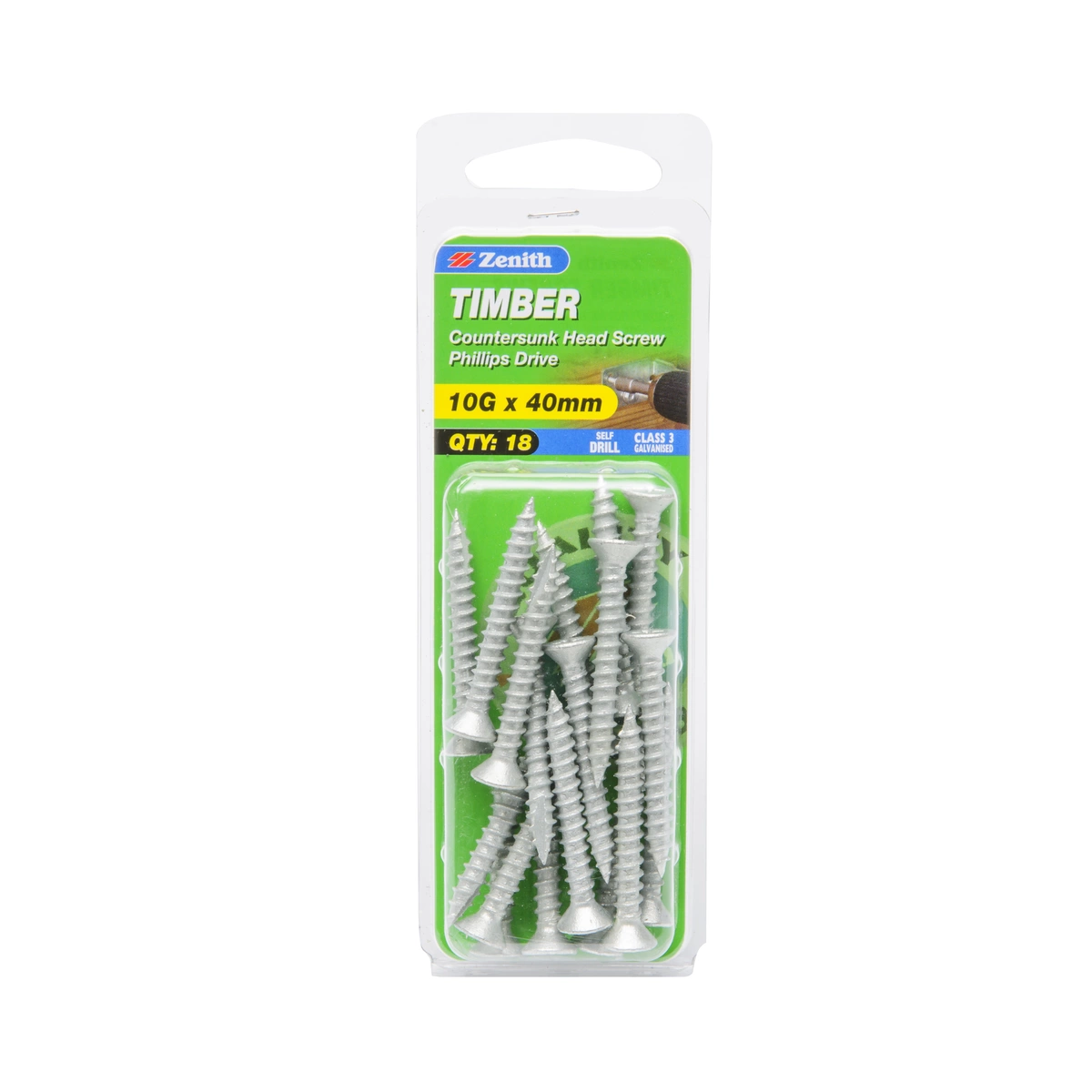 ZENITH® 10G x 40mm Class 3 Galvanised, Phillips Drive, Timber Screws – External Use – 18 Pack