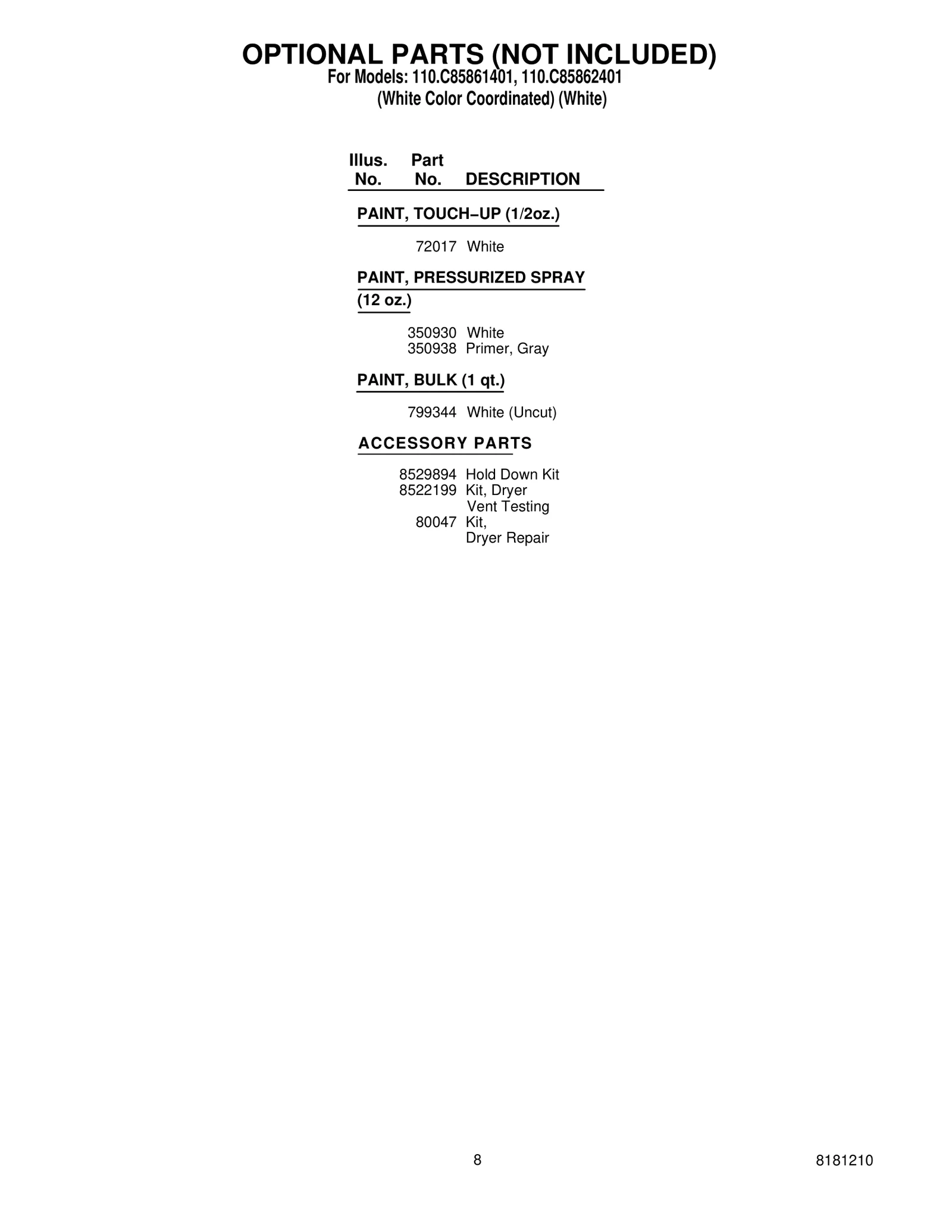 OPTIONAL PARTS (NOT INCLUDED)