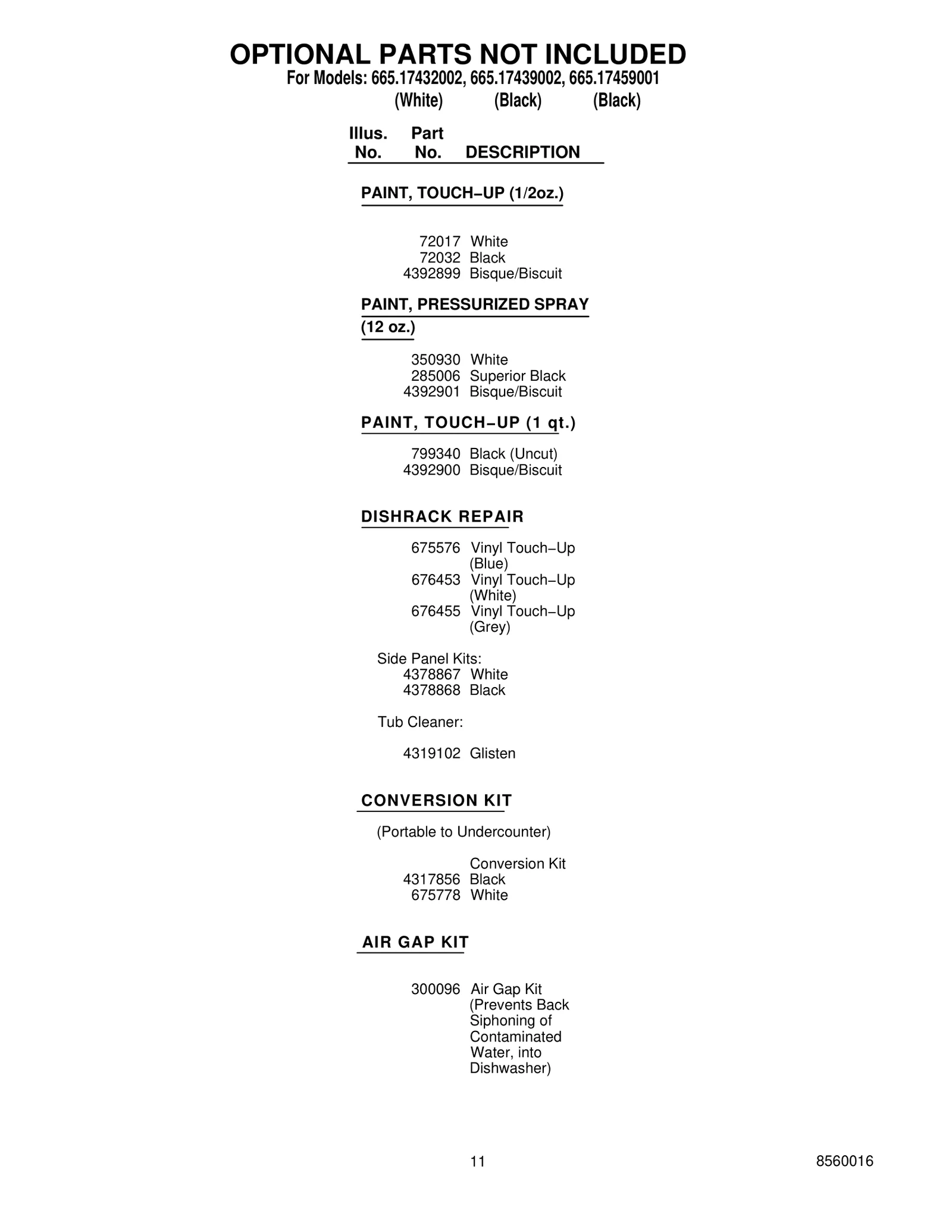 OPTIONAL PARTS NOT INCLUDED