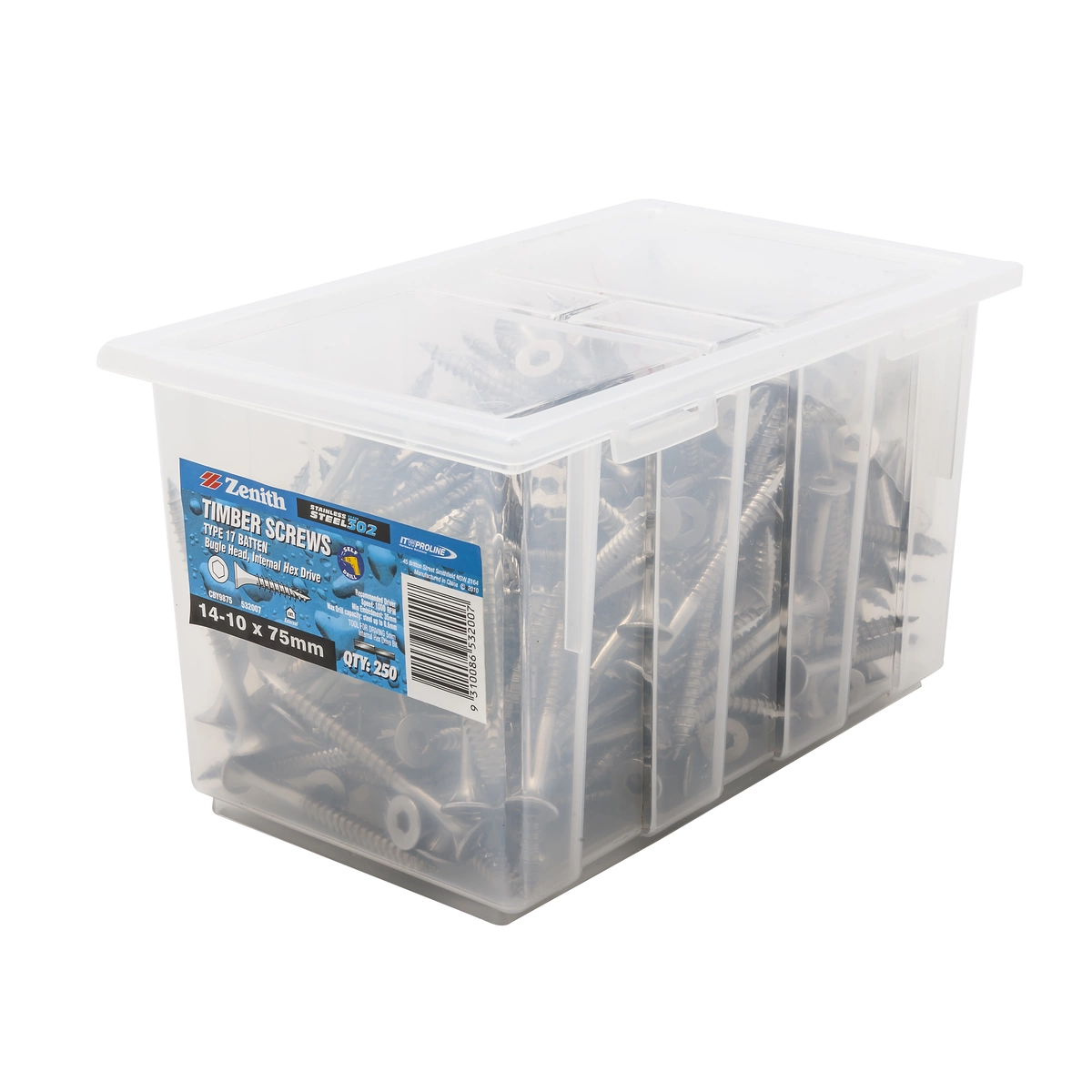 ZENITH® 14G x 75mm 304 Stainless Steel, Self Drilling, Internal Hex Drive, Bugle Batten Screws – External Use – 250 Pack