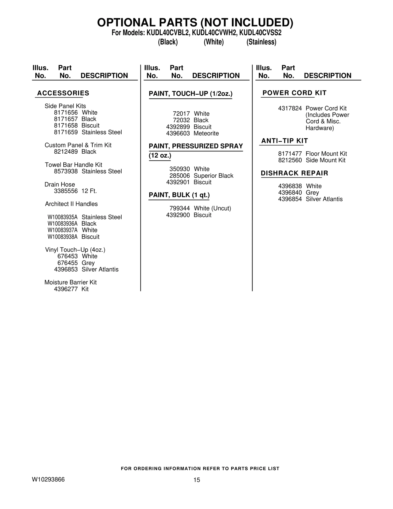 OPTIONAL PARTS (NOT INCLUDED)