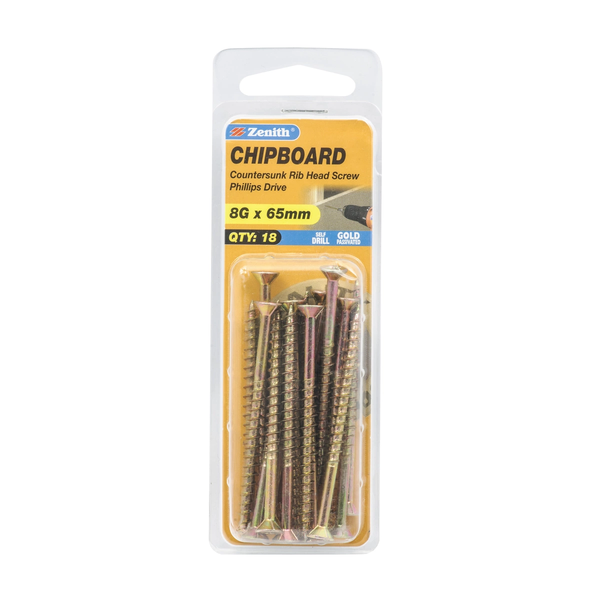 ZENITH® 8G x 65mm Gold Passivated, Phillips Drive, Chipboard Screws – Internal Use – 18 Pack