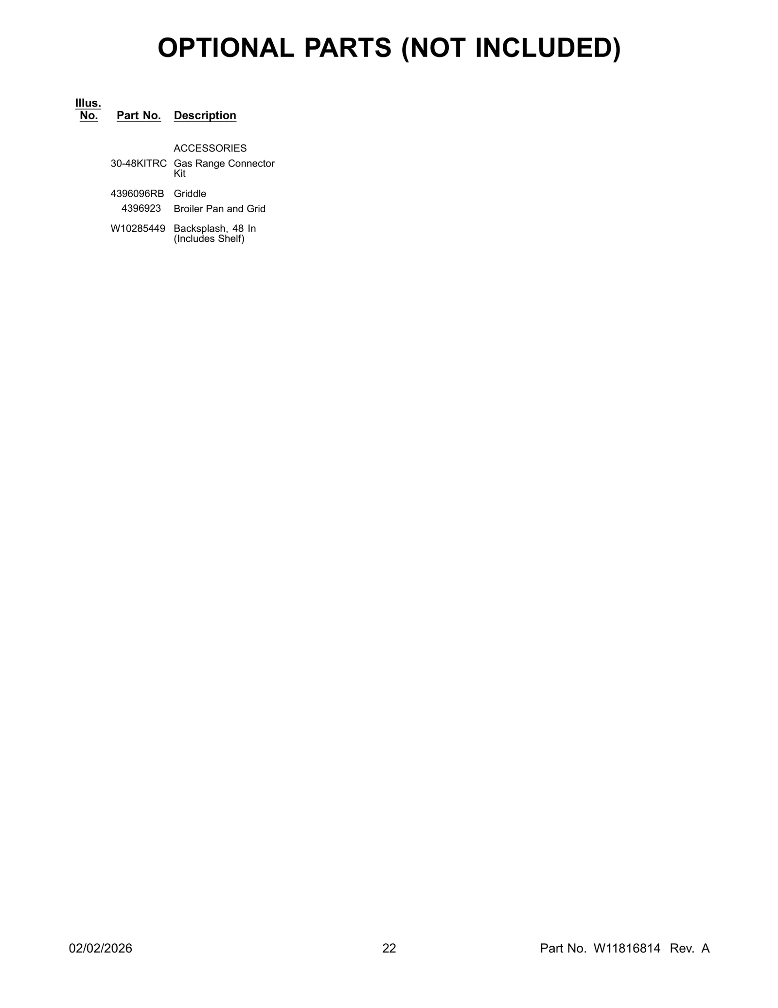 OPTIONAL PARTS (NOT INCLUDED)