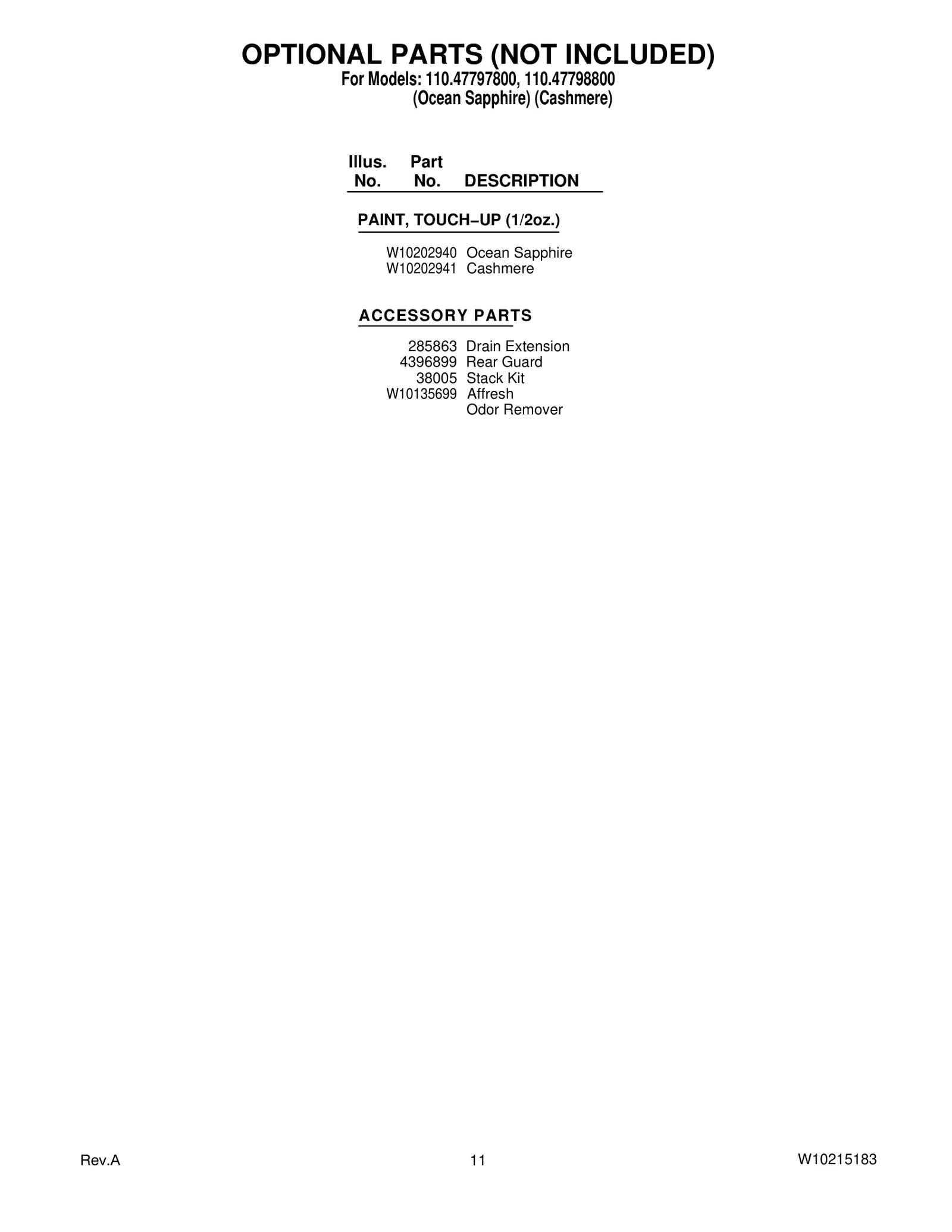 OPTIONAL PARTS (NOT INCLUDED)