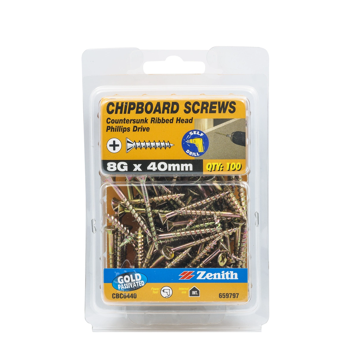 ZENITH® 8G x 40mm Gold Passivated, Phillips Drive, Chipboard Screws – Internal Use – 100 Pack