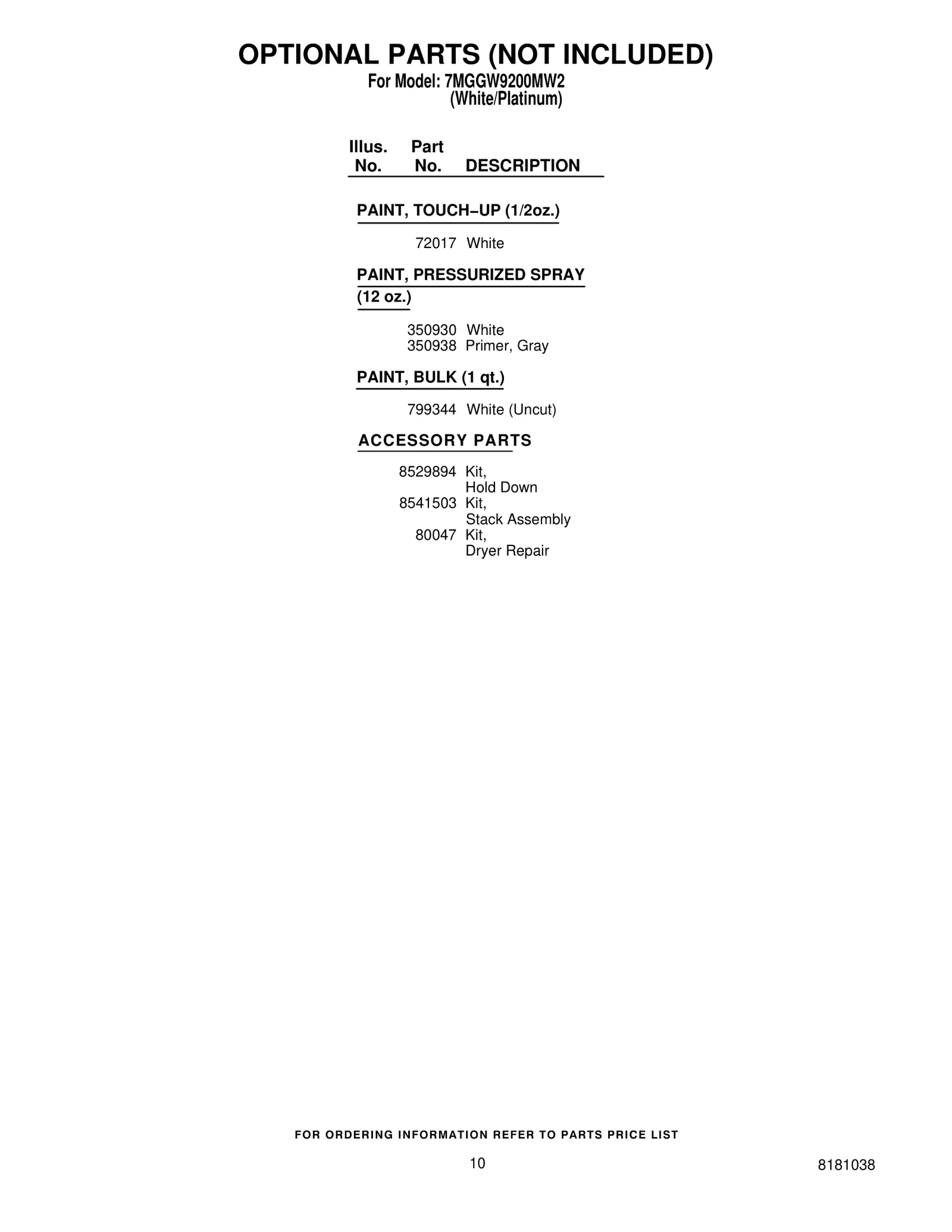 OPTIONAL PARTS (NOT INCLUDED)