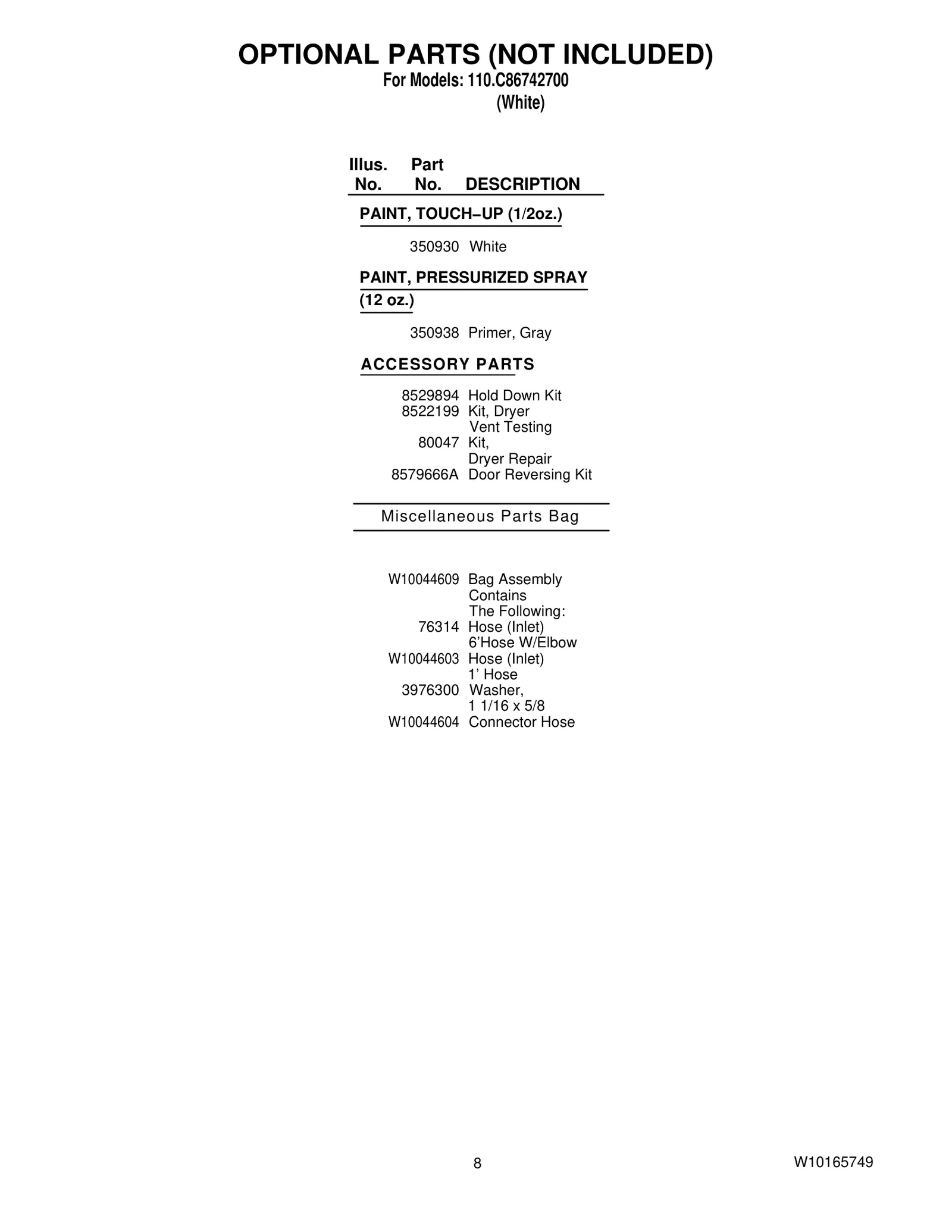 OPTIONAL PARTS (NOT INCLUDED)