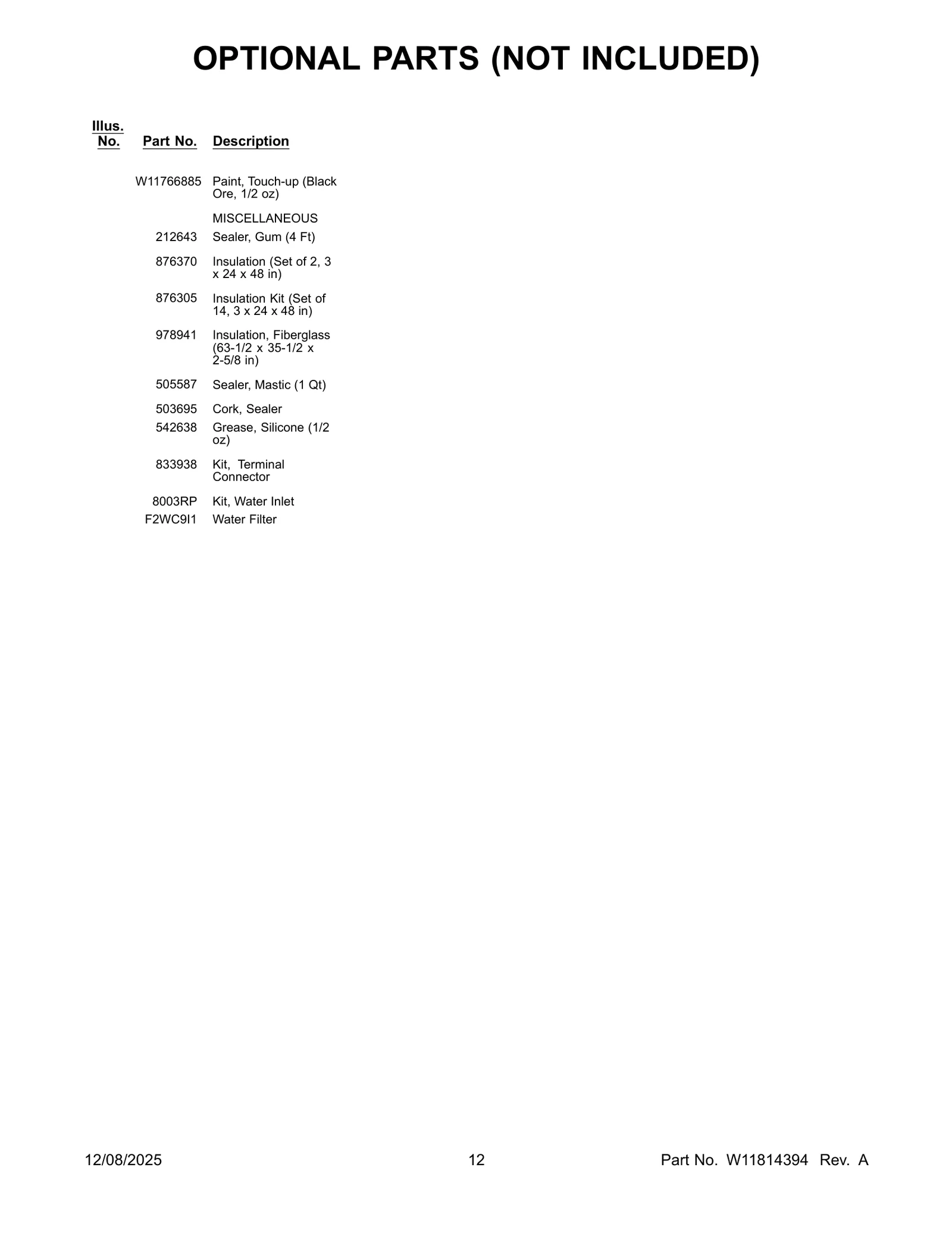 OPTIONAL PARTS (NOT INCLUDED)