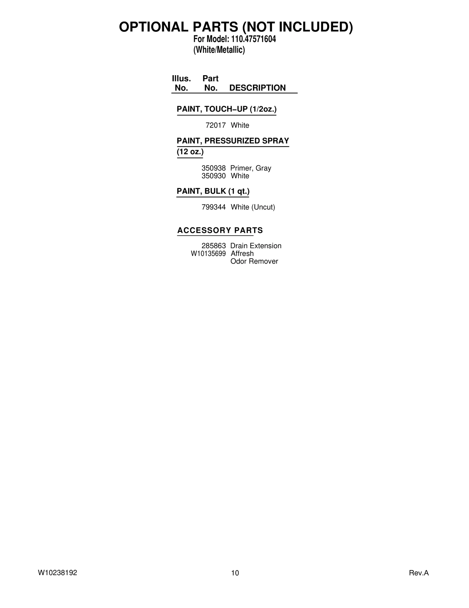 OPTIONAL PARTS (NOT INCLUDED)