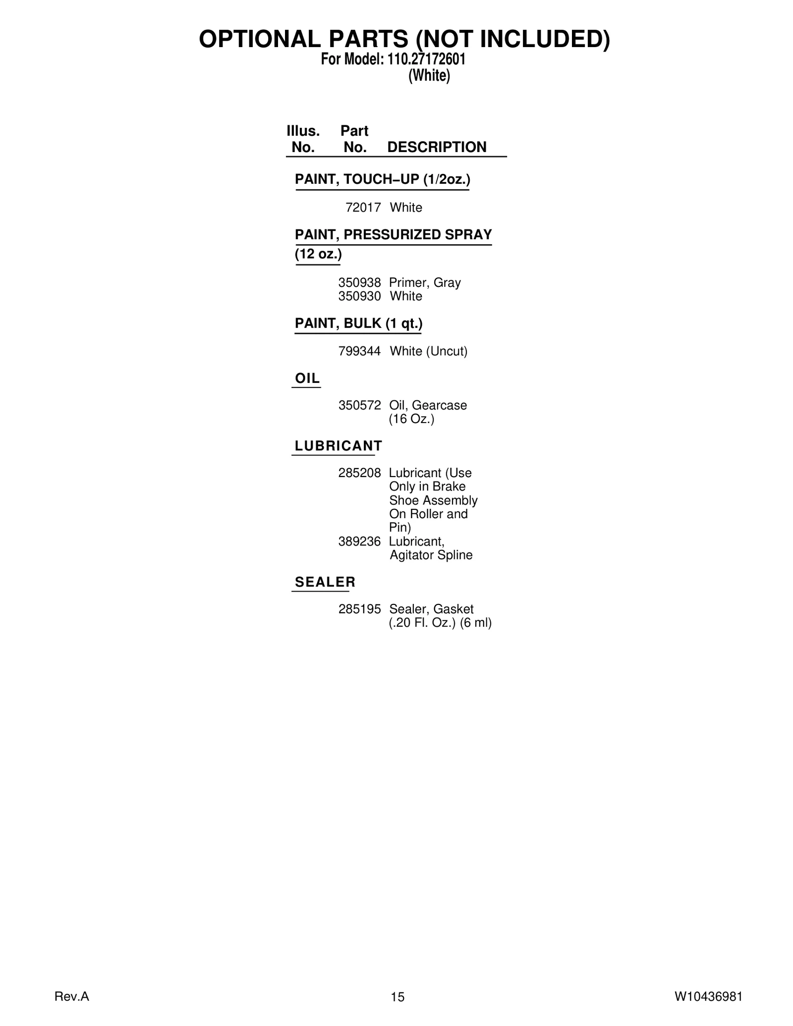 OPTIONAL PARTS (NOT INCLUDED)