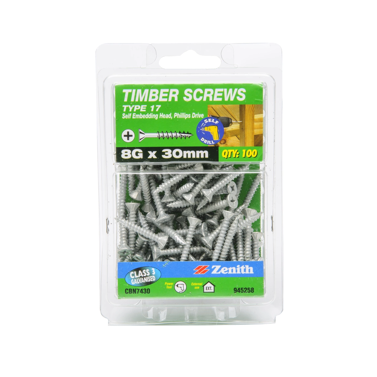 ZENITH® 8G x 30mm Class 3 Galvanised, Phillips Drive, Timber Screws – External Use – 100 Pack