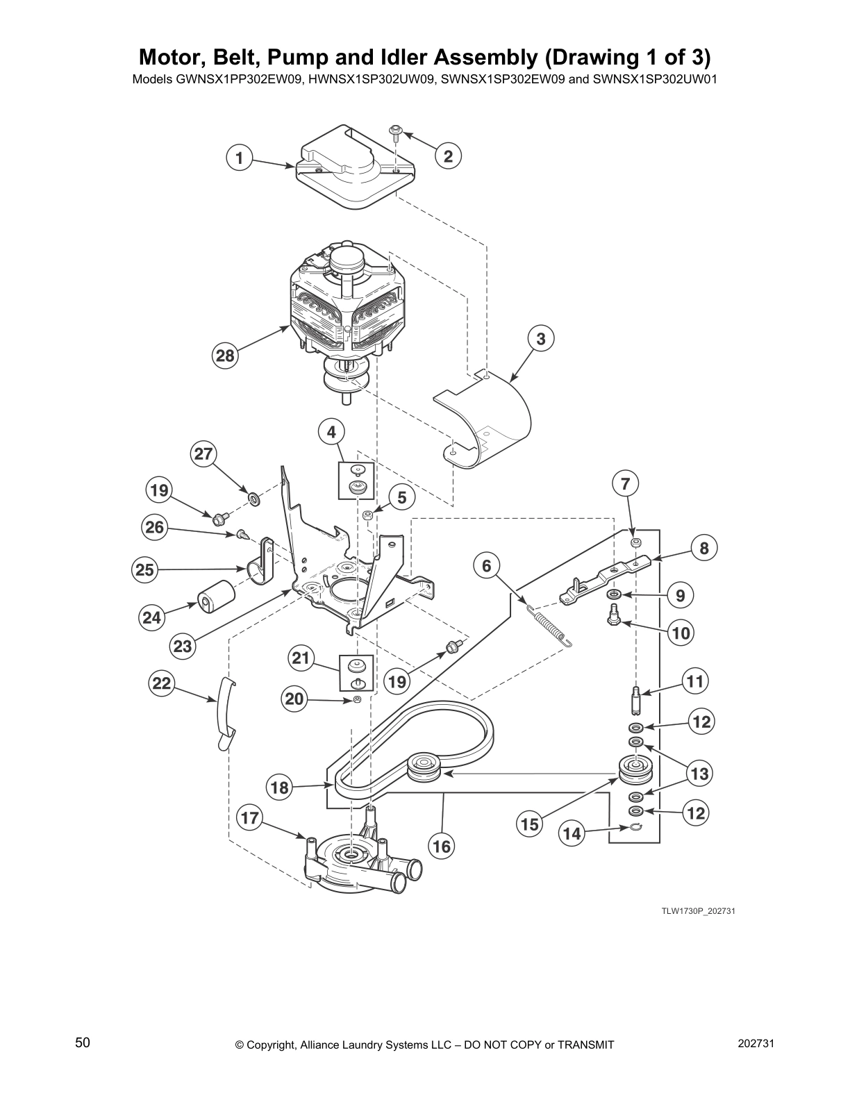 Motor, Belt, Pump and Idler Assembly (Drawing 1 of 3)