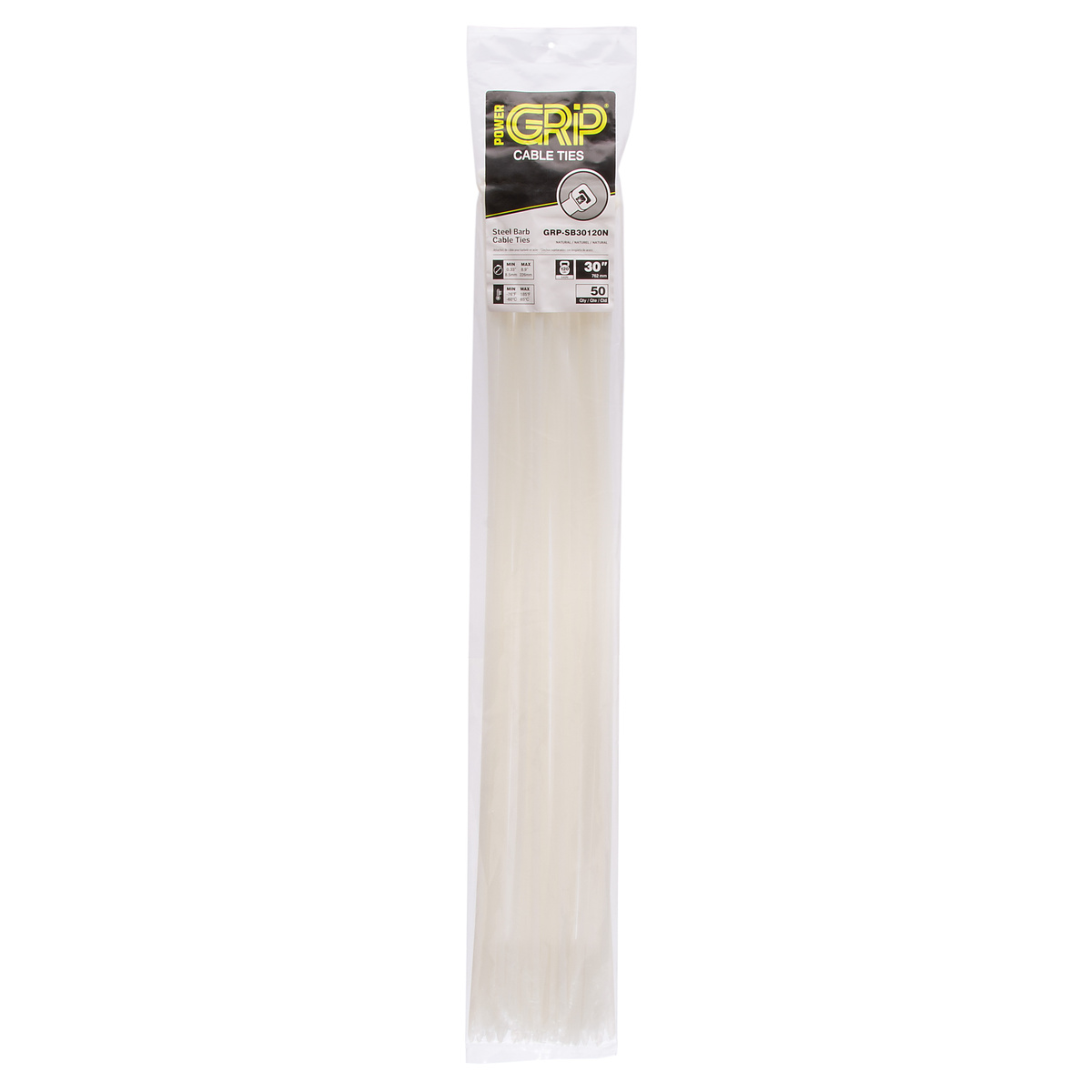 30”, Natural Steel Barb 120lb Cable Tie, 50 Pack - NSI Industries