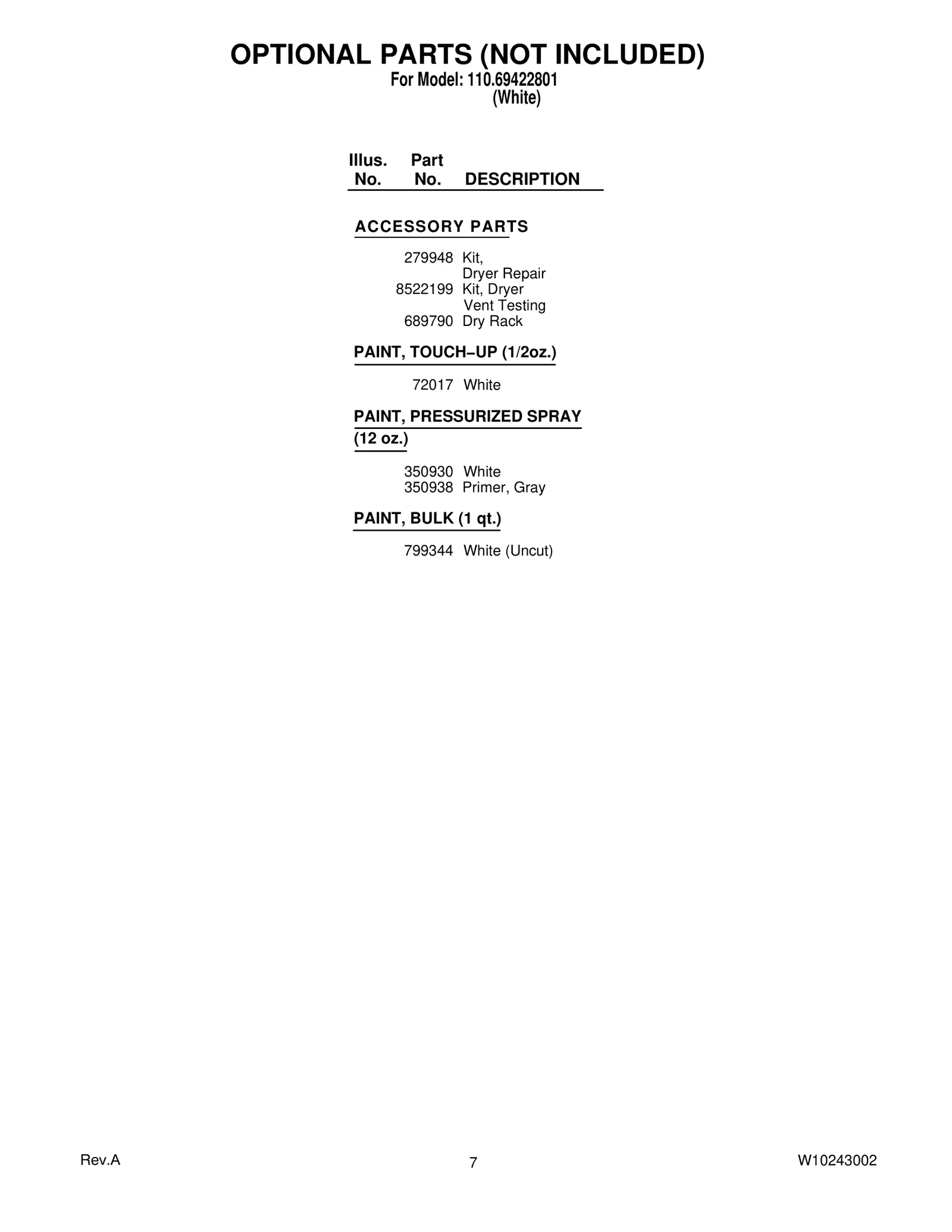 OPTIONAL PARTS (NOT INCLUDED)