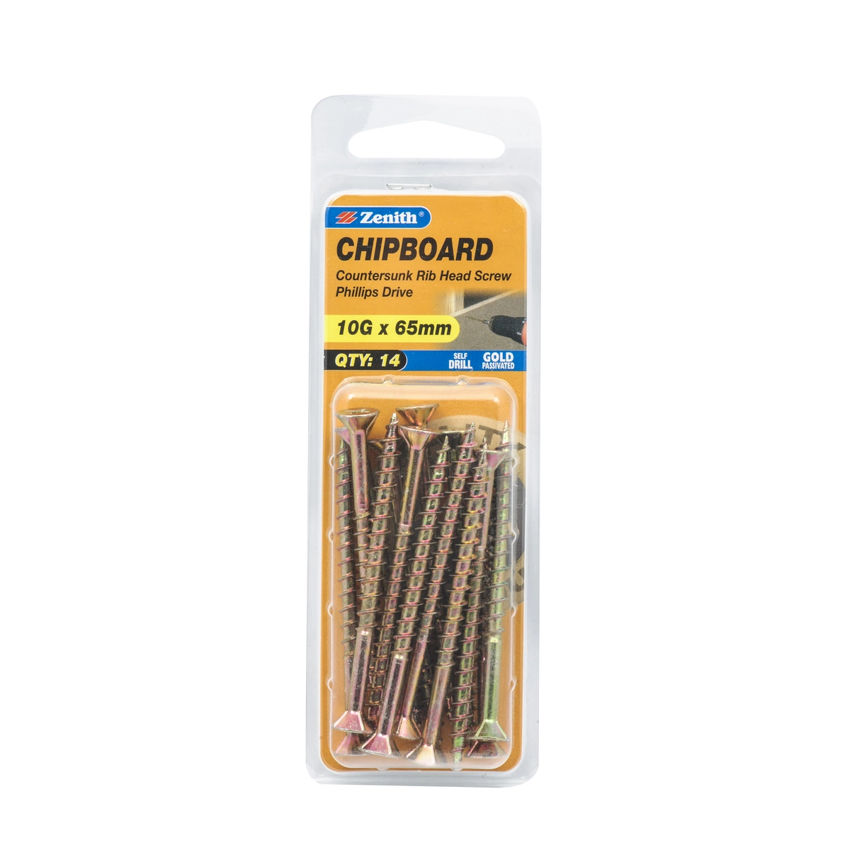 ZENITH® 10G x 65mm Gold Passivated, Phillips Drive, Chipboard Screws – Internal Use – 14 Pack