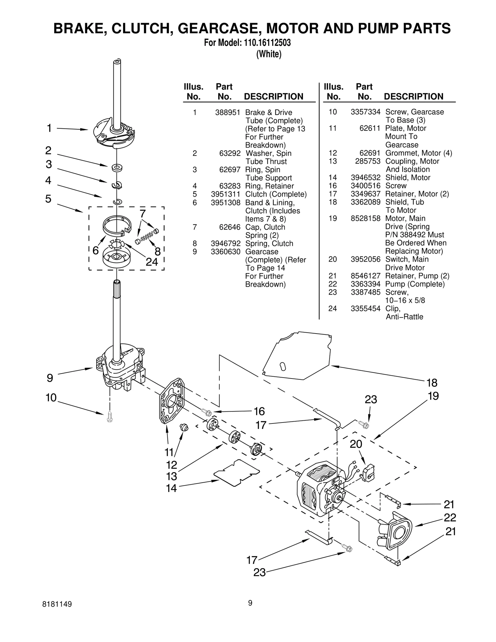 BRAKE, CLUTCH, GEARCASE, MOTOR AND PUMP PARTS