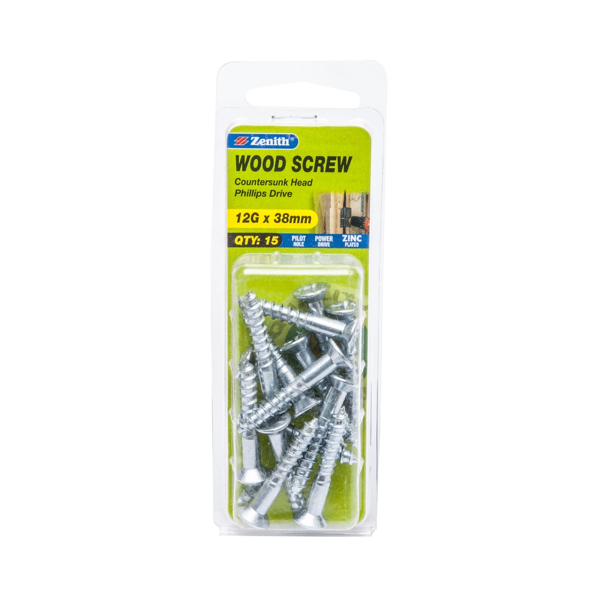 ZENITH® 12G x 38mm Zinc Plated, Phillips Drive, Wood Screws – Internal Use – 15 Pack