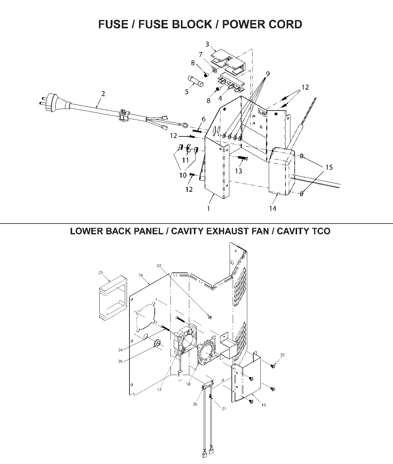 Fuse / Fuse Block / Power Cord /Lower Back Panel / Cavity Exhaust Fan / Cavity TCO