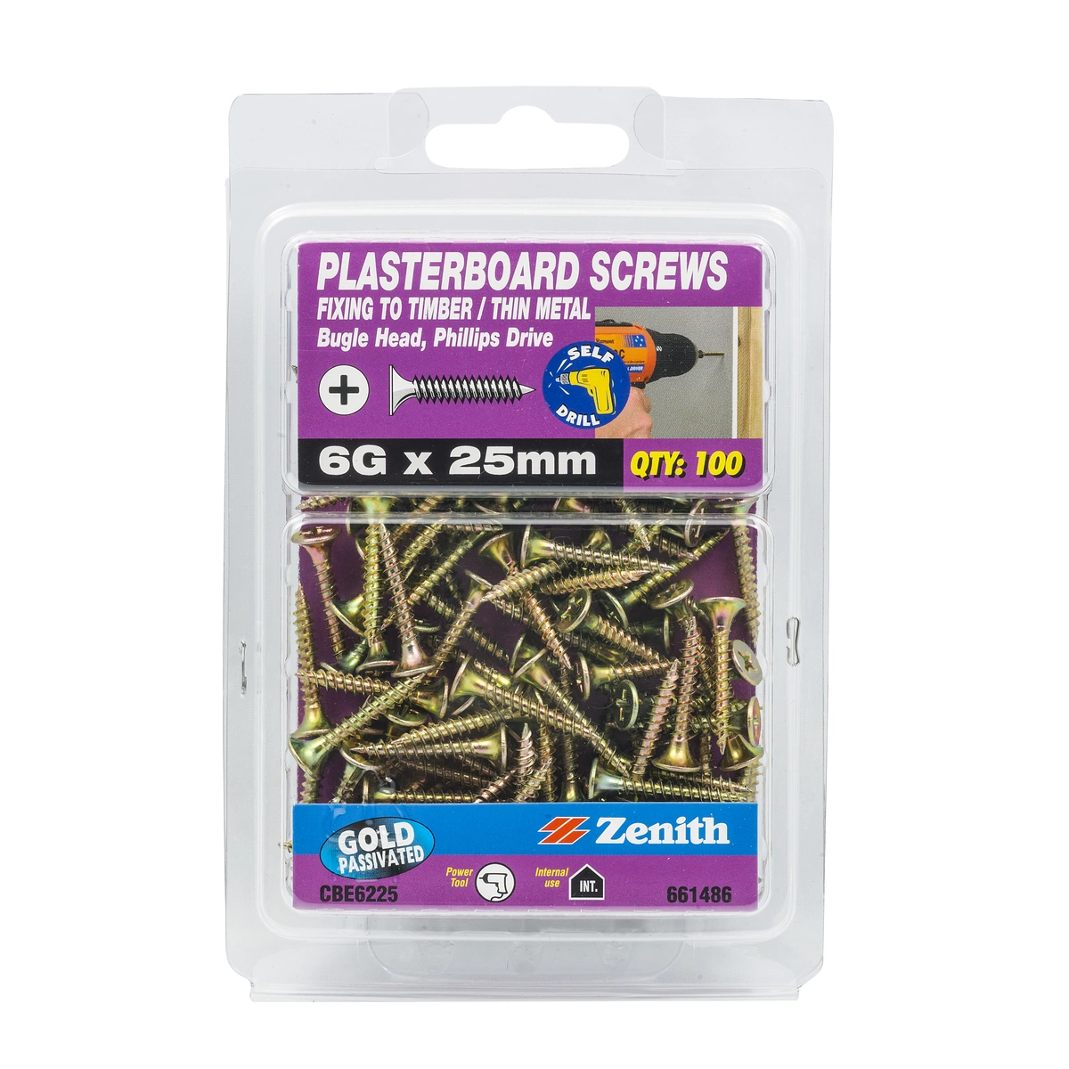 ZENITH® 6G x 25mm Gold Passivated, Phillips Drive, Plasterboard Screws – Internal Use – 100 Pack