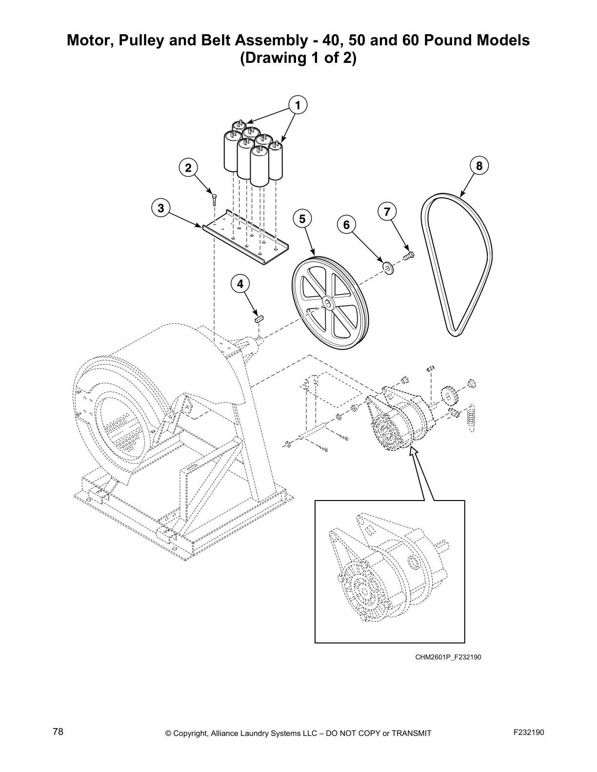 Motor, Pulley and Belt Assembly - 40, 50 and 60 Pound Models
(Drawing 1 of 2)