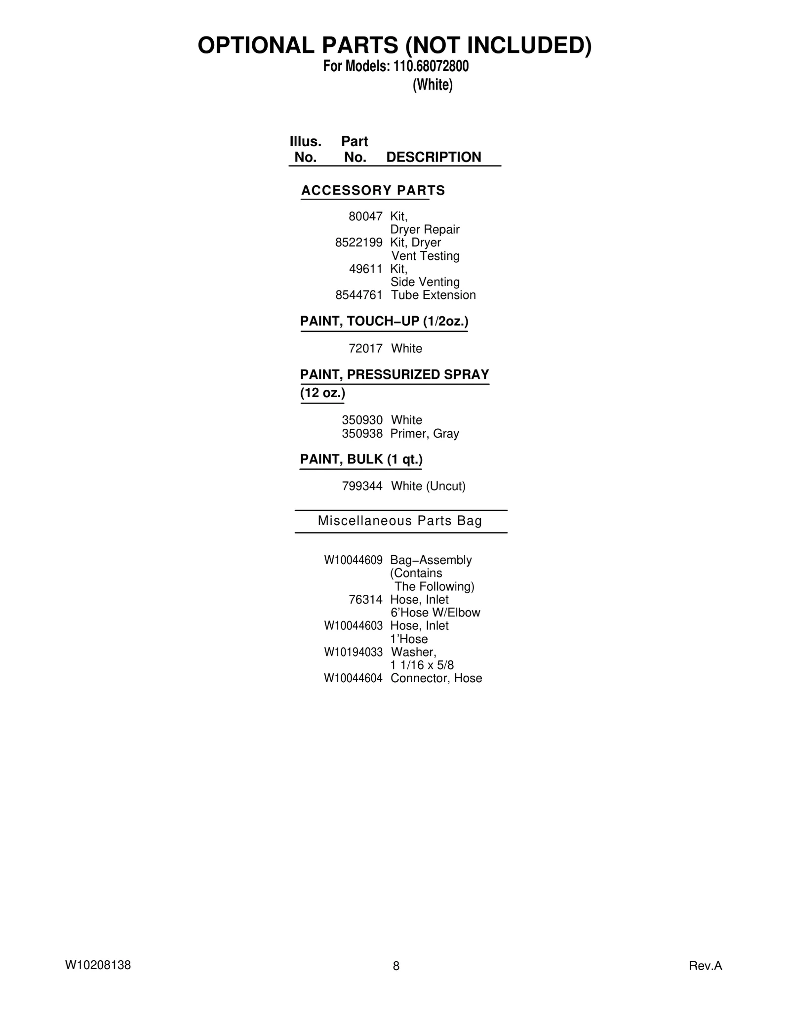 OPTIONAL PARTS (NOT INCLUDED)