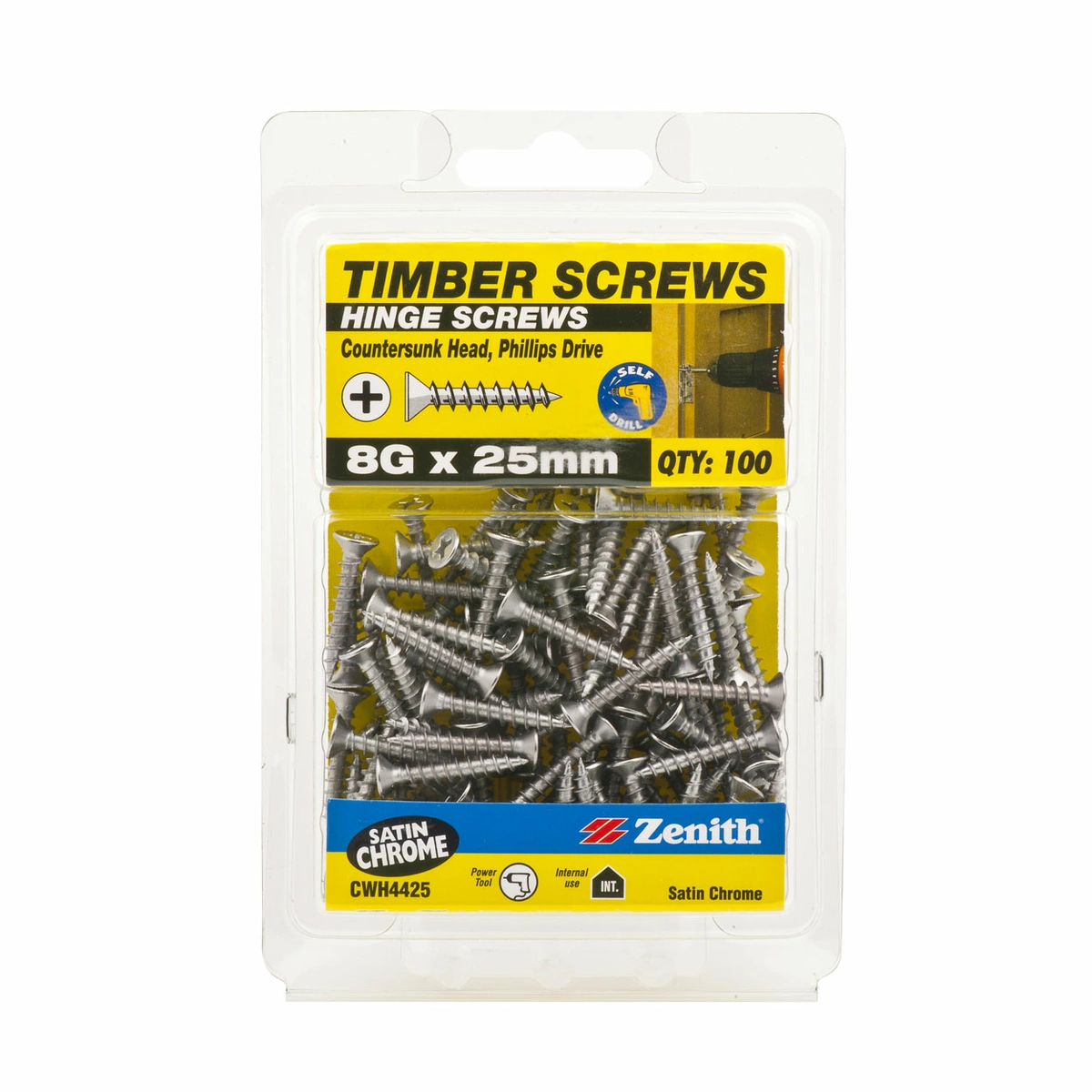 ZENITH® 8G x 25mm Satin Chrome Plated, Phillips Drive, Hinge Screws – Internal Use – 100 Pack