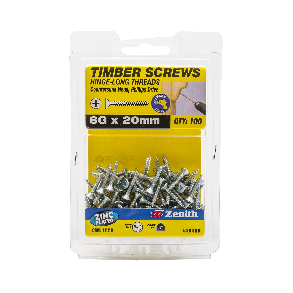 ZENITH® 6G x 20mm Zinc Plated, Phillips Drive, Wood Screws – Internal Use – 100 Pack