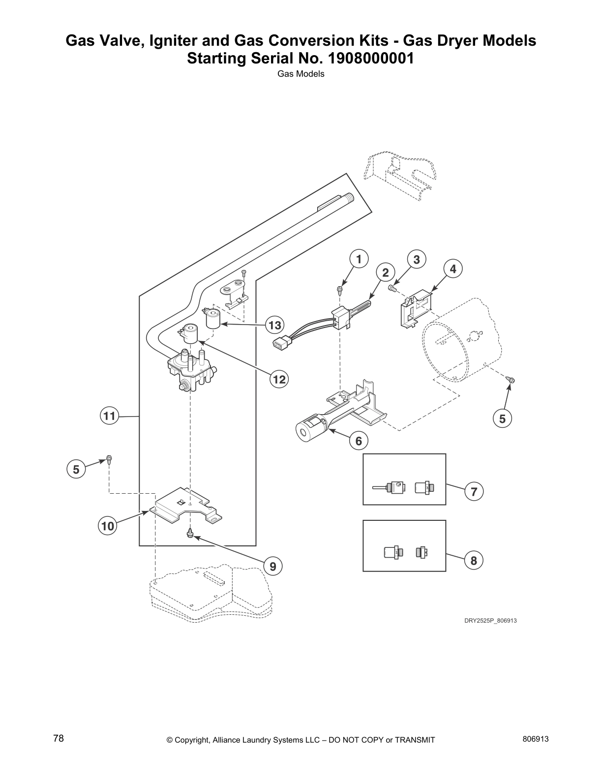 Gas Valve, Igniter and Gas Conversion Kits - Gas Dryer Models
Starting Serial No. 1908000001