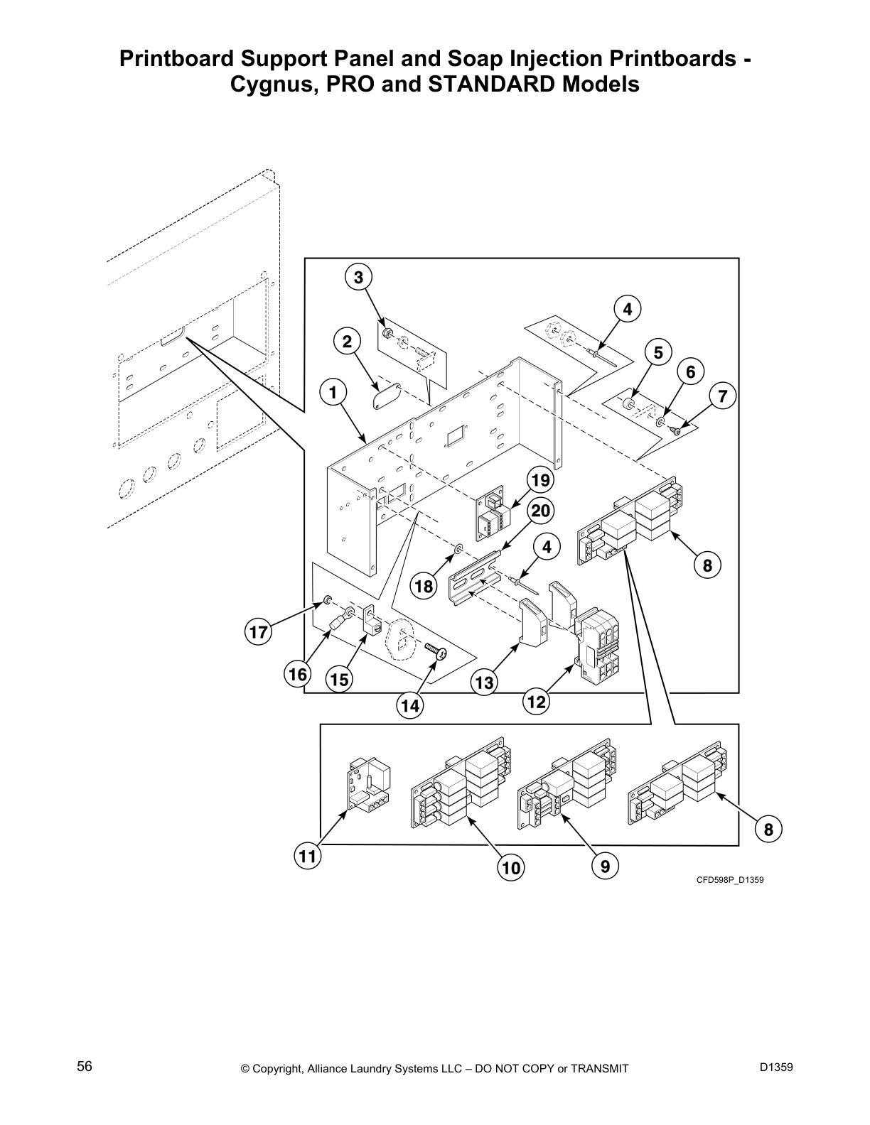 Printboard Support Panel and Soap Injection Printboards - 
Cygnus, PRO and STANDARD Models