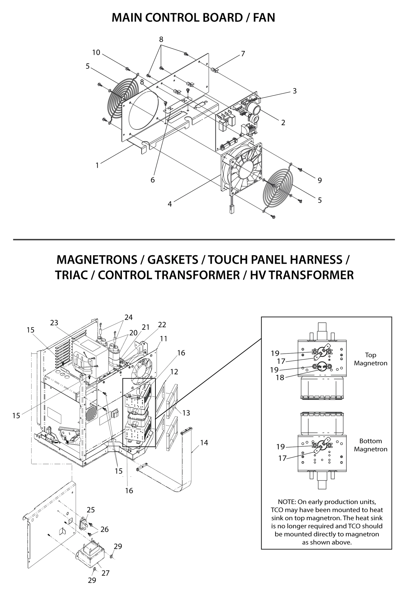 MAIN CONTROL BOARD / FAN / MAGNETRON / GASKETS / TOUCH PANEL