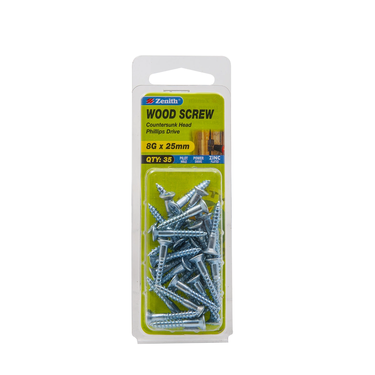 ZENITH® 8G x 25mm Zinc Plated, Phillips Drive, Wood Screws – Internal Use – 35 Pack