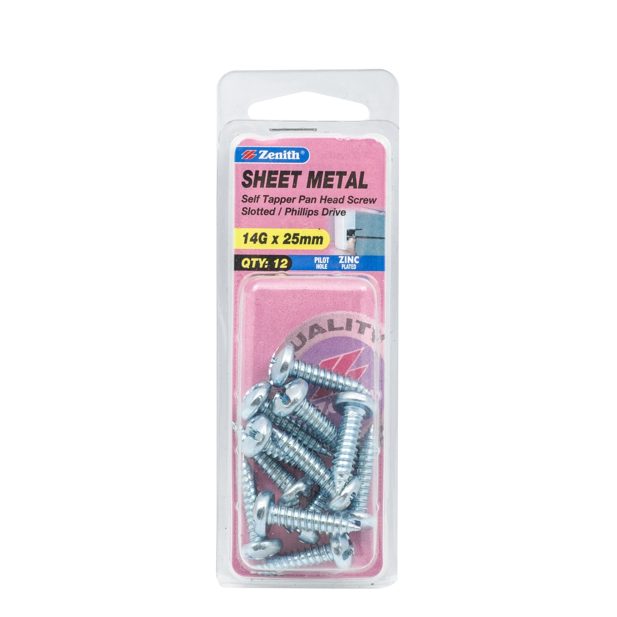 ZENITH® 14G x 25mm Zinc Plated, Self Tapping, Combination Drive, Sheet Metal Screws – Internal Use – 12 Pack