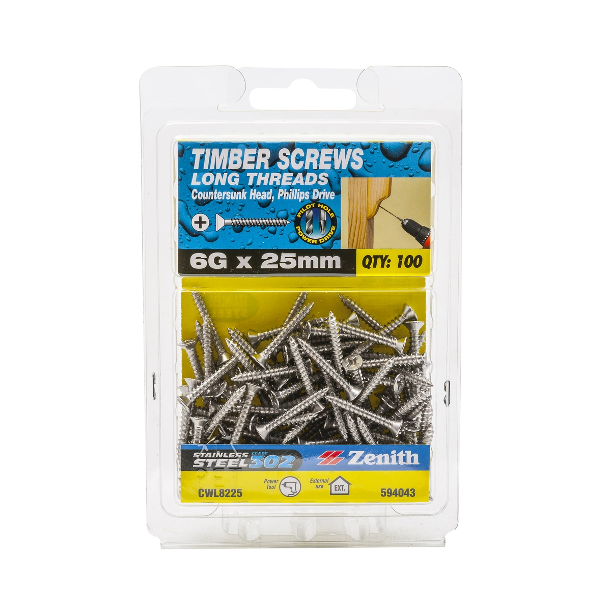 ZENITH® 6G x 25mm Timber Screws for External Use – Pack of 100