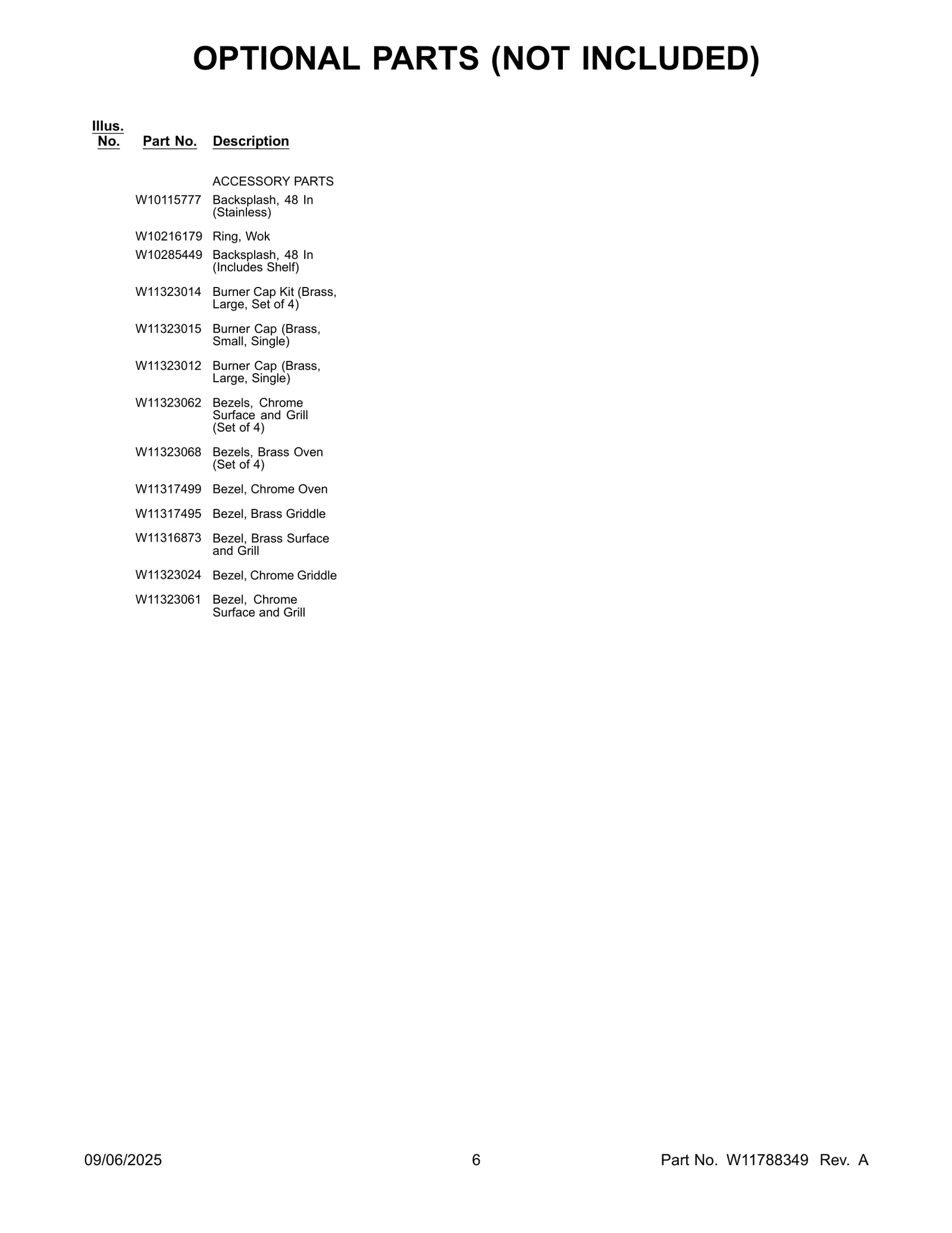 OPTIONAL PARTS (NOT INCLUDED)