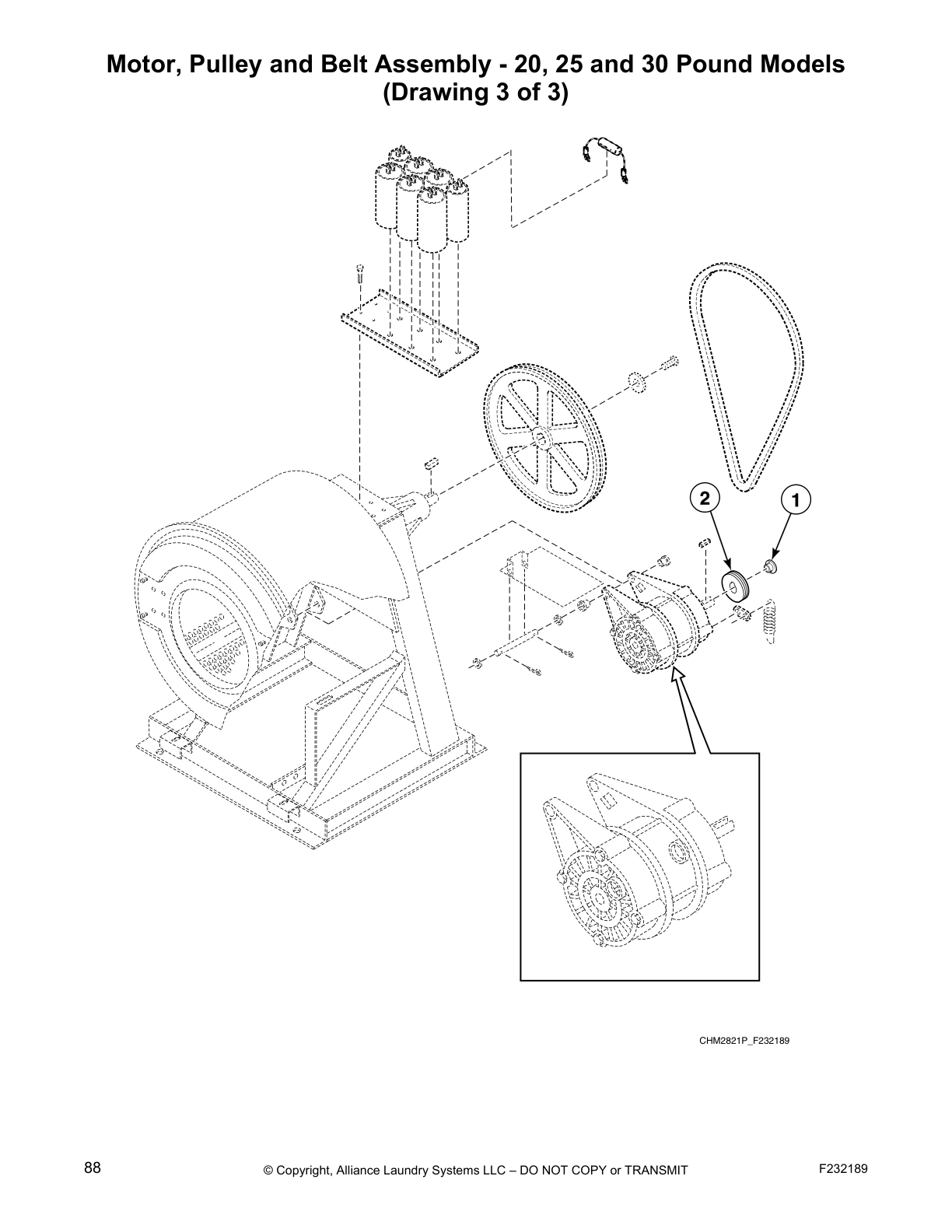 Motor, Pulley and Belt Assembly - 20, 25 and 30 Pound Models
(Drawing 3 of 3)