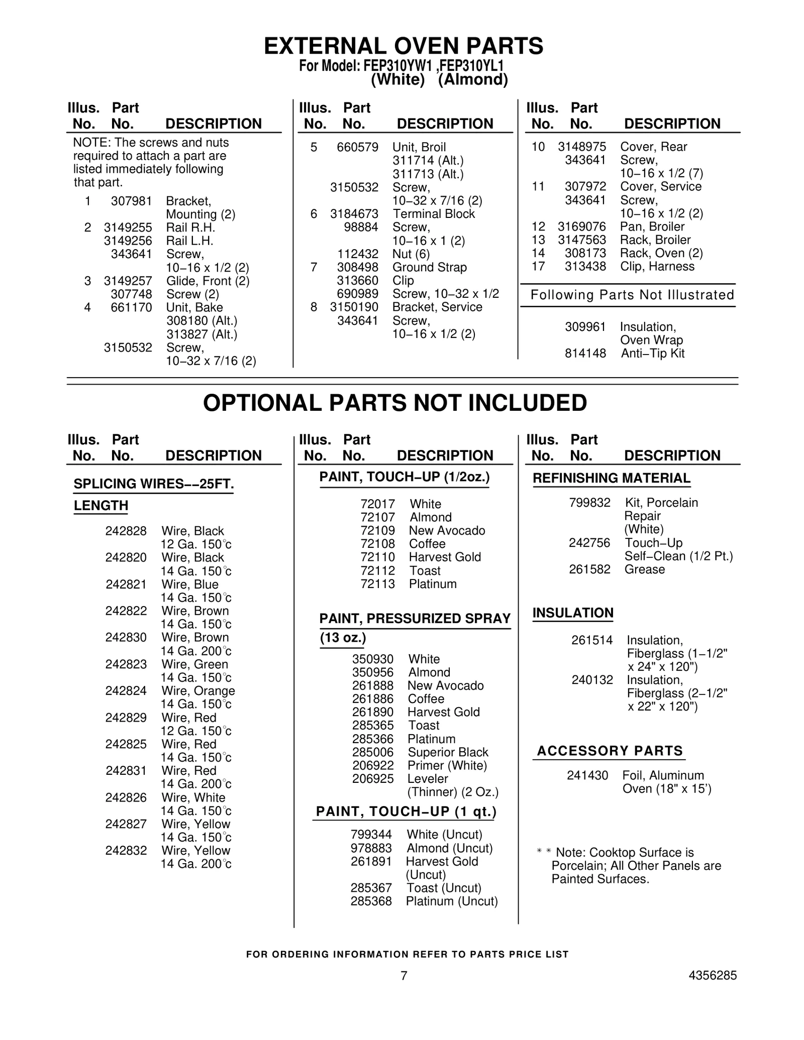 OPTIONAL PARTS NOT INCLUDED