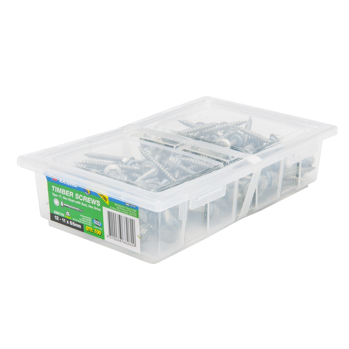 ZENITH® 12G x 65mm Class 3 Galvanised, External Hex Drive, Cladding & Roofing Screws with Seal – External Use – 100 Pack
