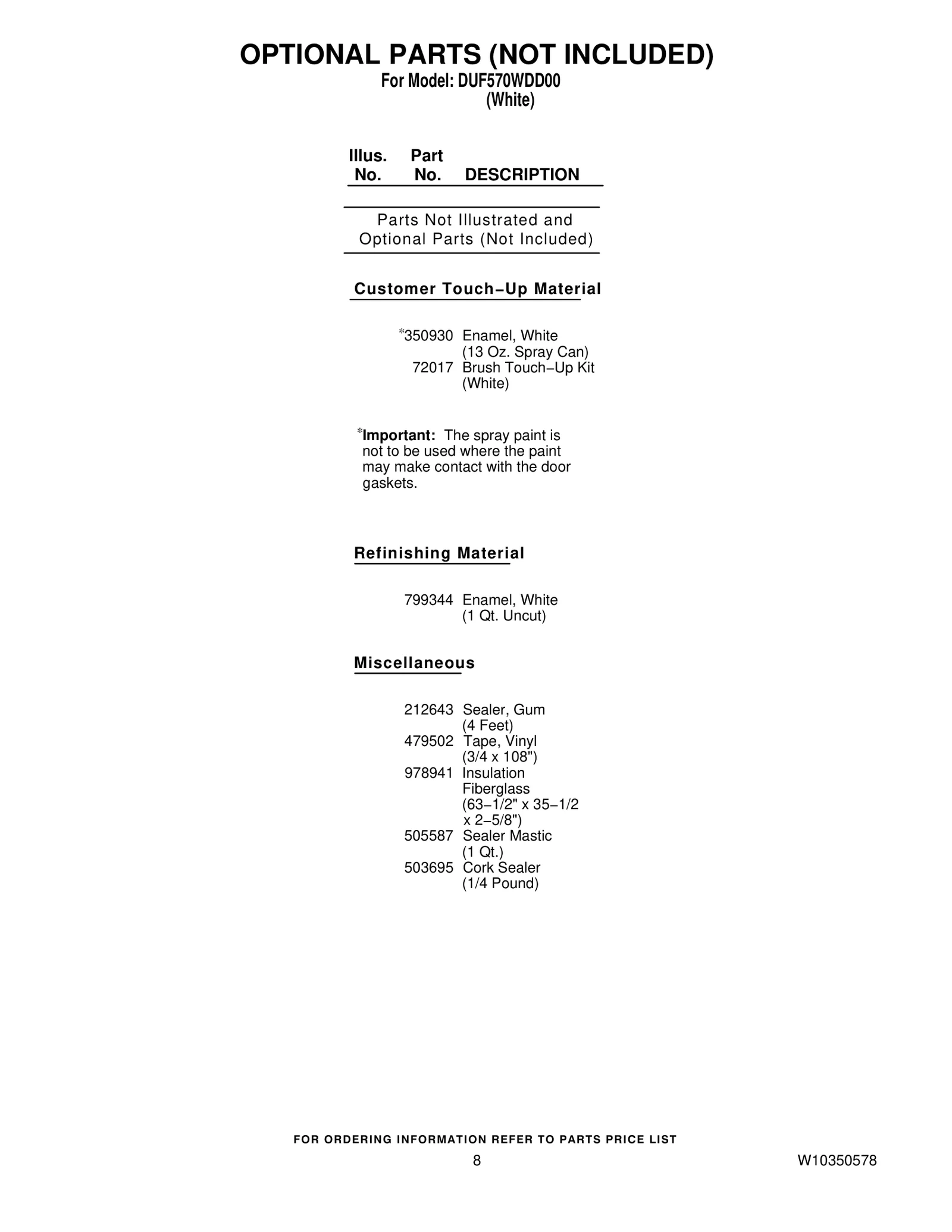 OPTIONAL PARTS (NOT INCLUDED)