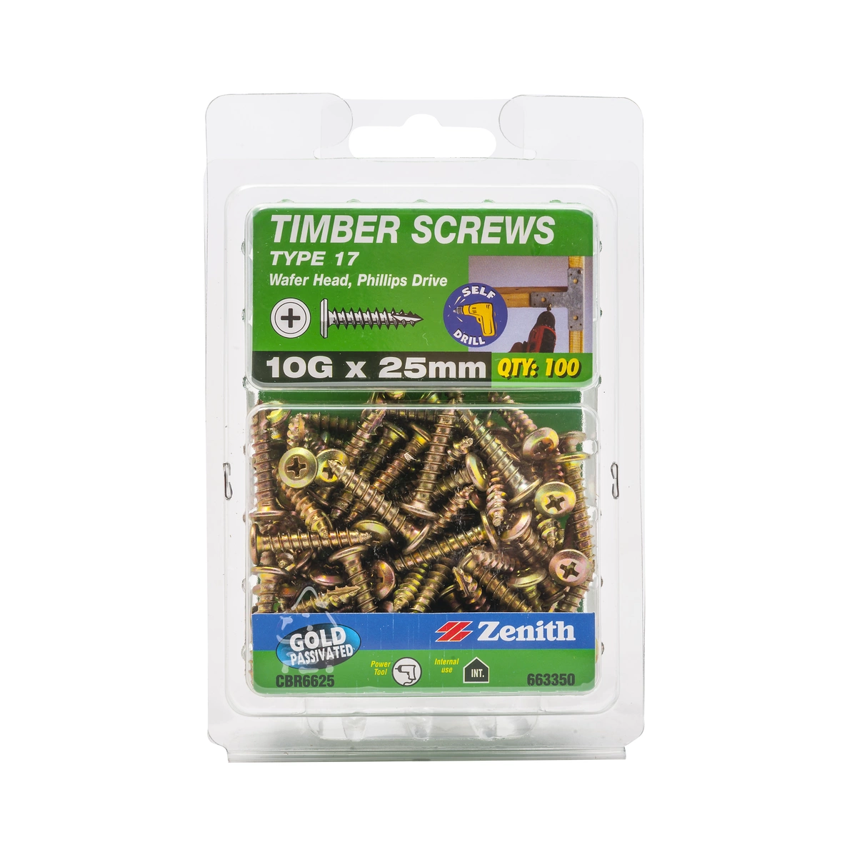 ZENITH® 10G x 25mm Gold Passivated, Phillips Drive, Timber Screws – Internal Use – 100 Pack