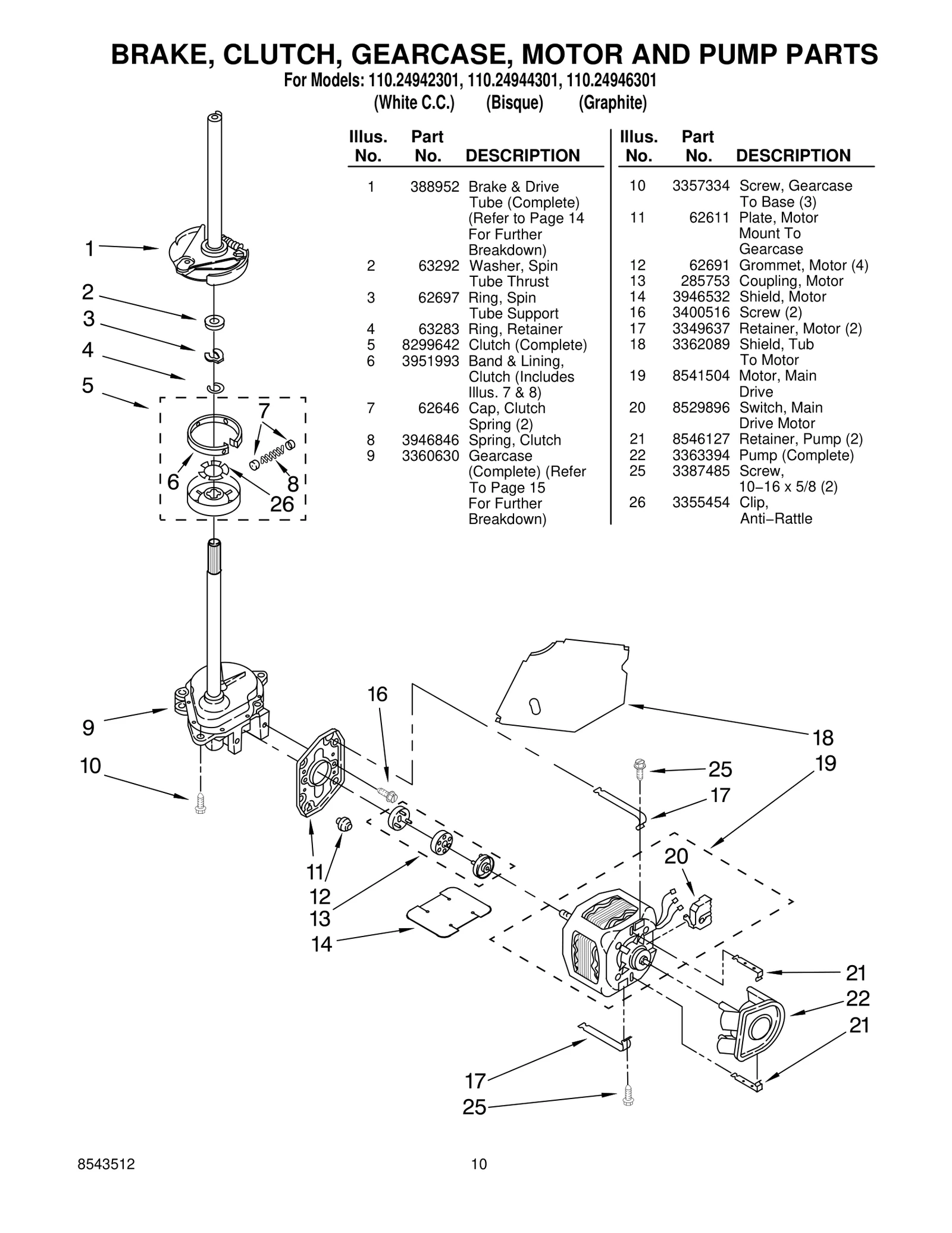 BRAKE, CLUTCH, GEARCASE, MOTOR AND PUMP PARTS
