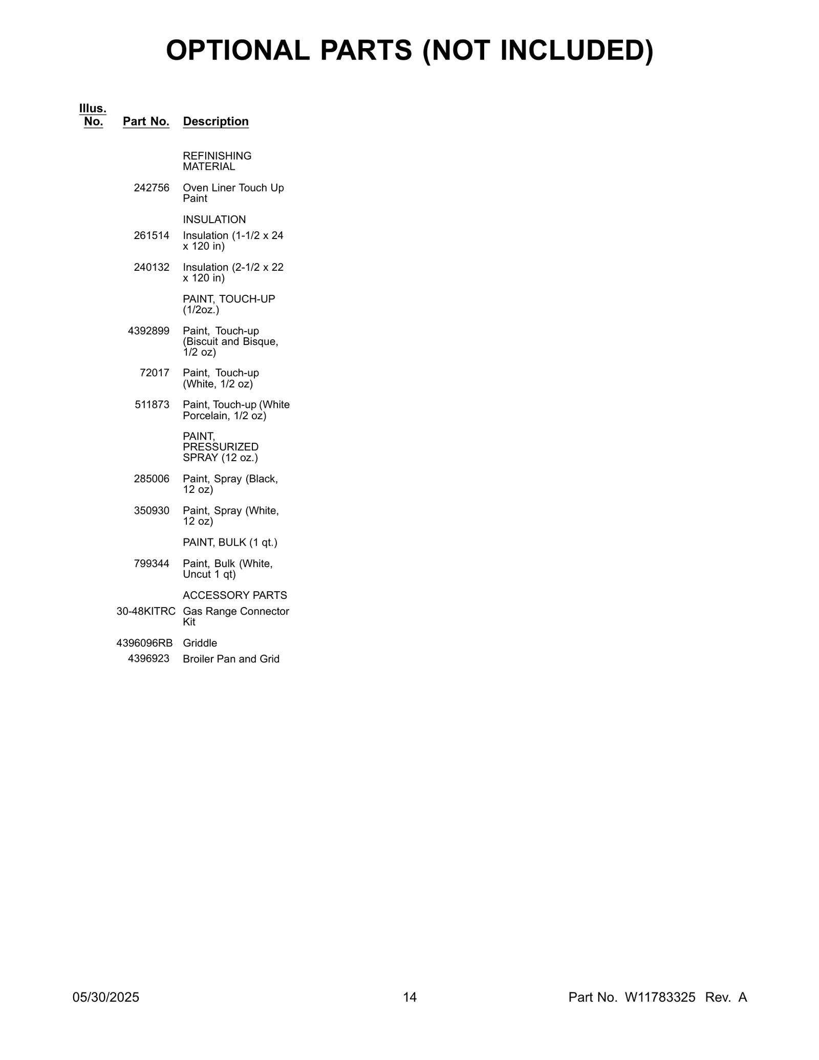 OPTIONAL PARTS (NOT INCLUDED)