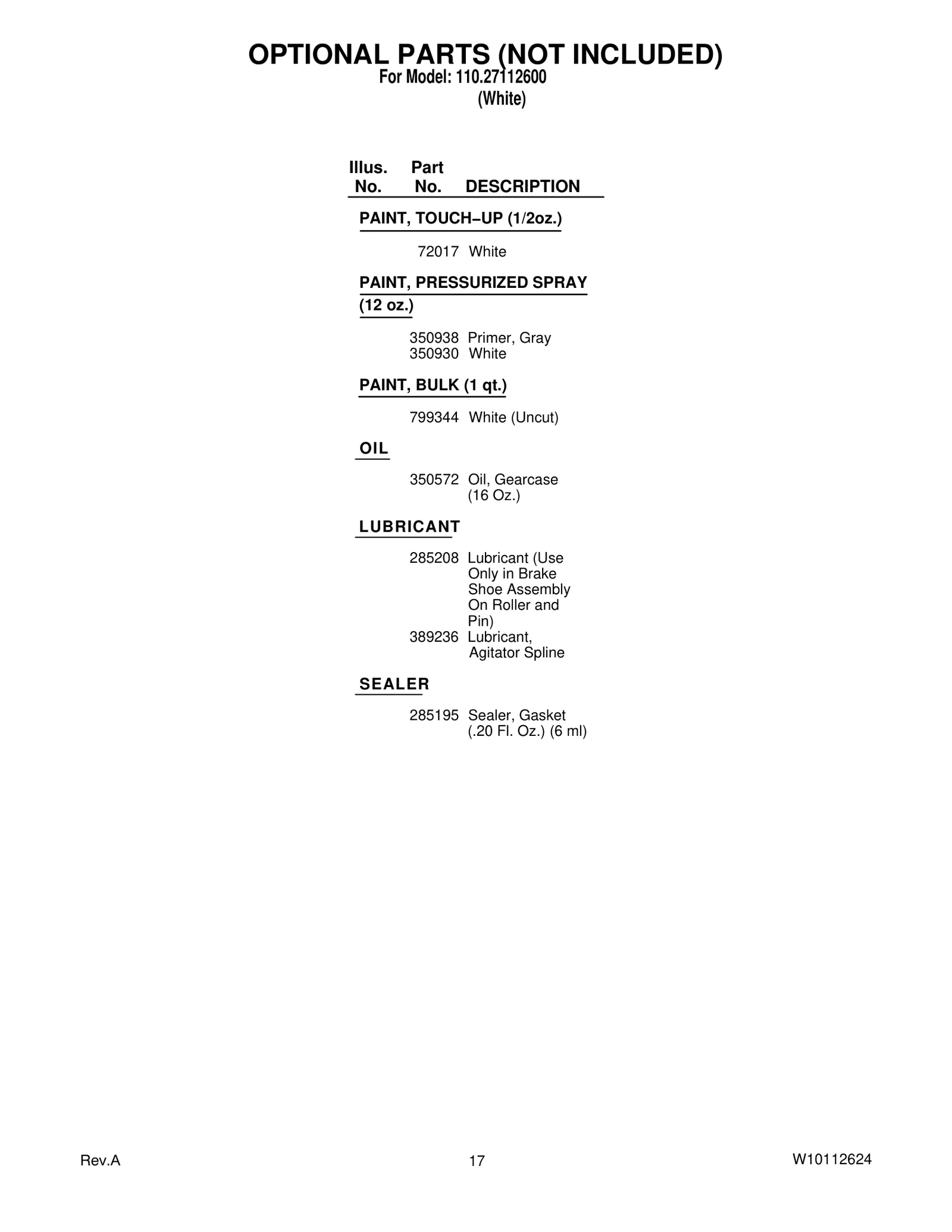 OPTIONAL PARTS (NOT INCLUDED)