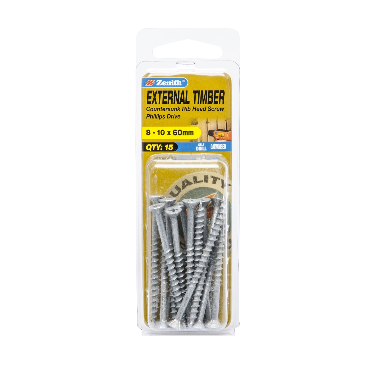 ZENITH® 8G x 60mm Galvanised, Phillips Drive, Timber Screws – External Use – 15 Pack